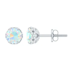 Ethiopian Opal Solitaire Stud Earrings and Diamond Accent