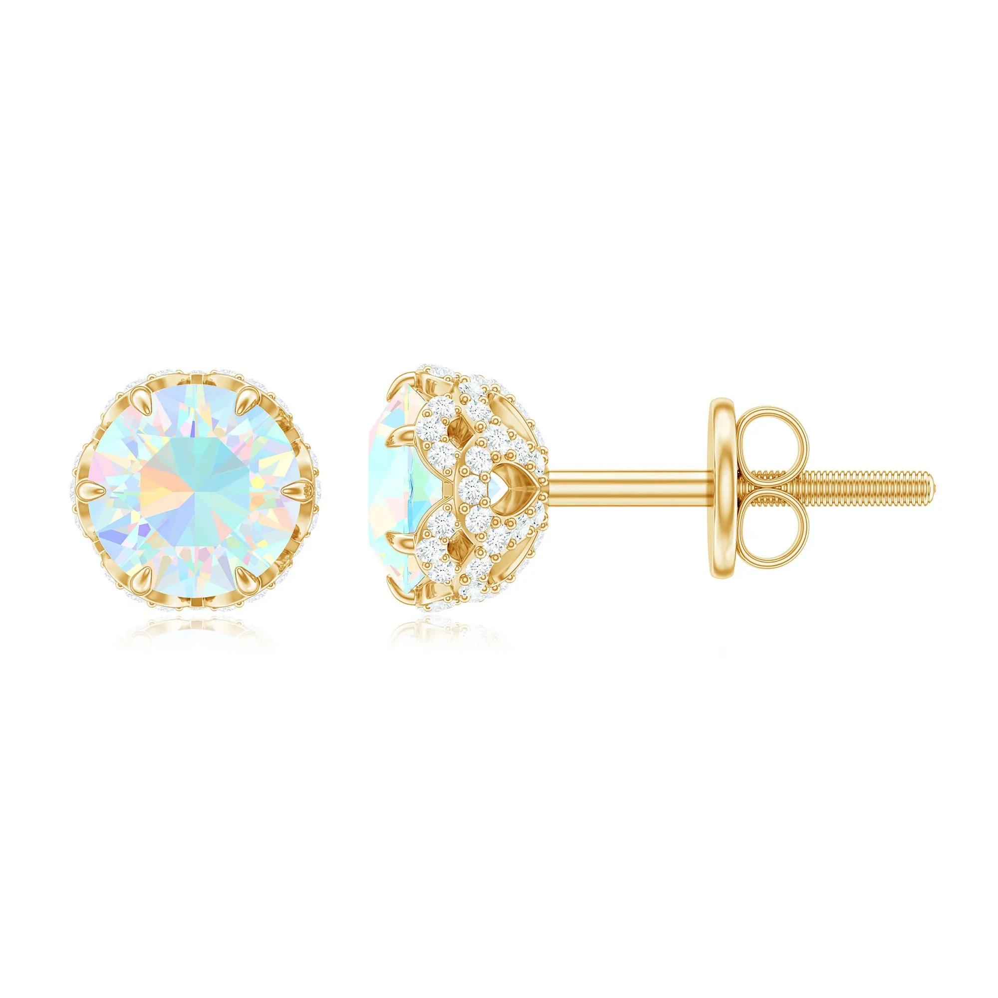 Ethiopian Opal Solitaire Stud Earrings and Diamond Accent