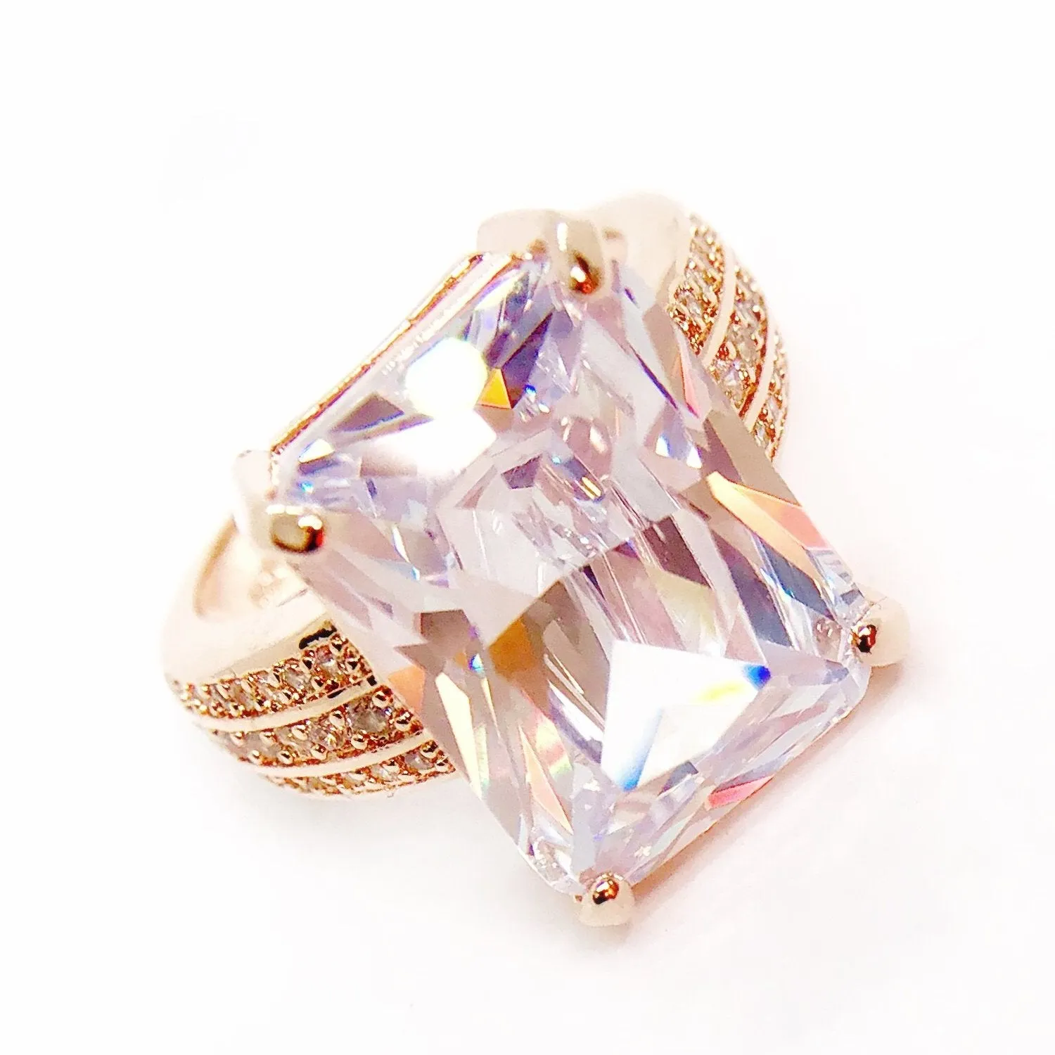 Fire Radiant Emerald Cut Zirconia Rose Gold Cocktail Ring