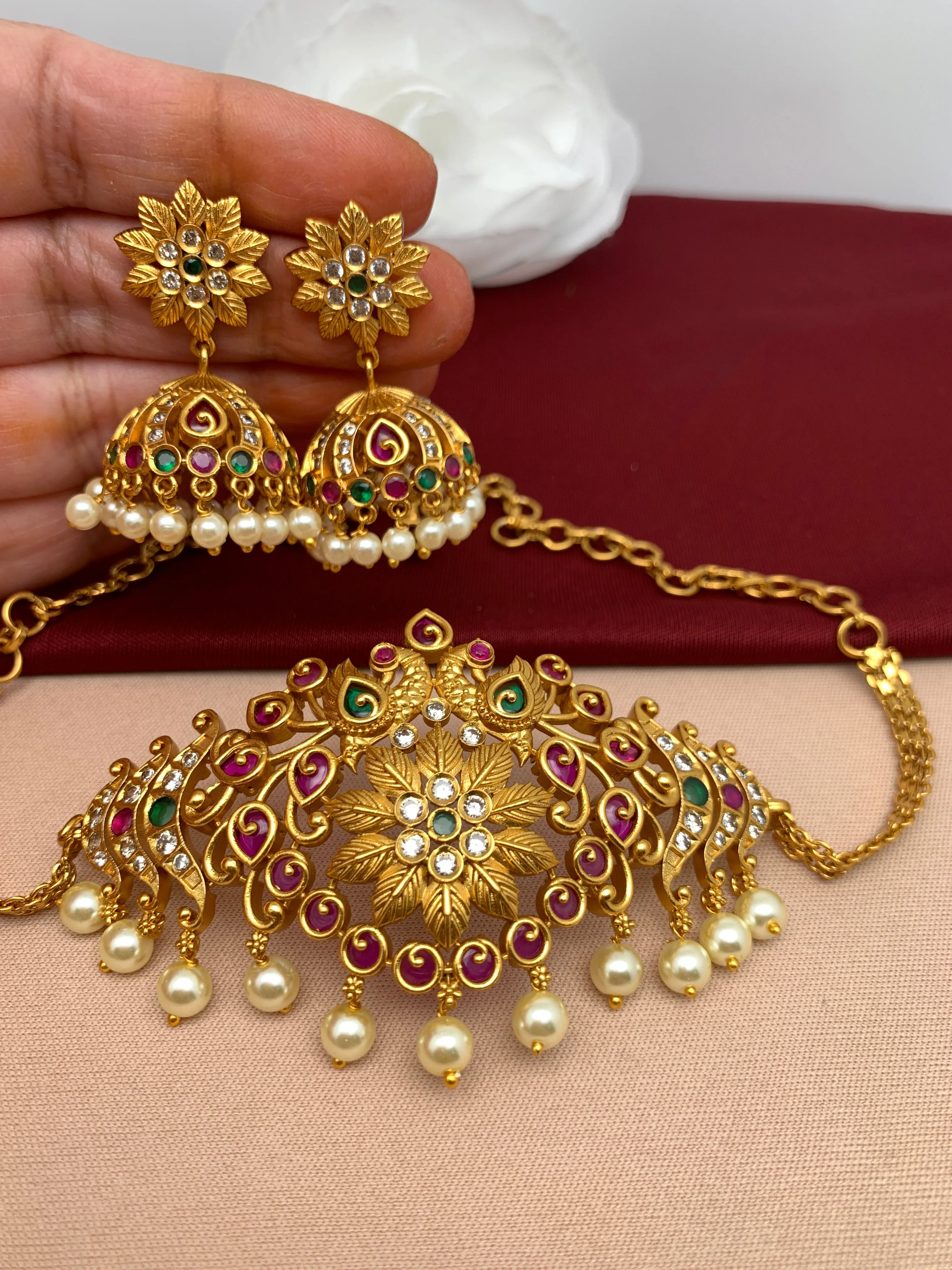 Floral Multi Color Choker with matching Jhumkis