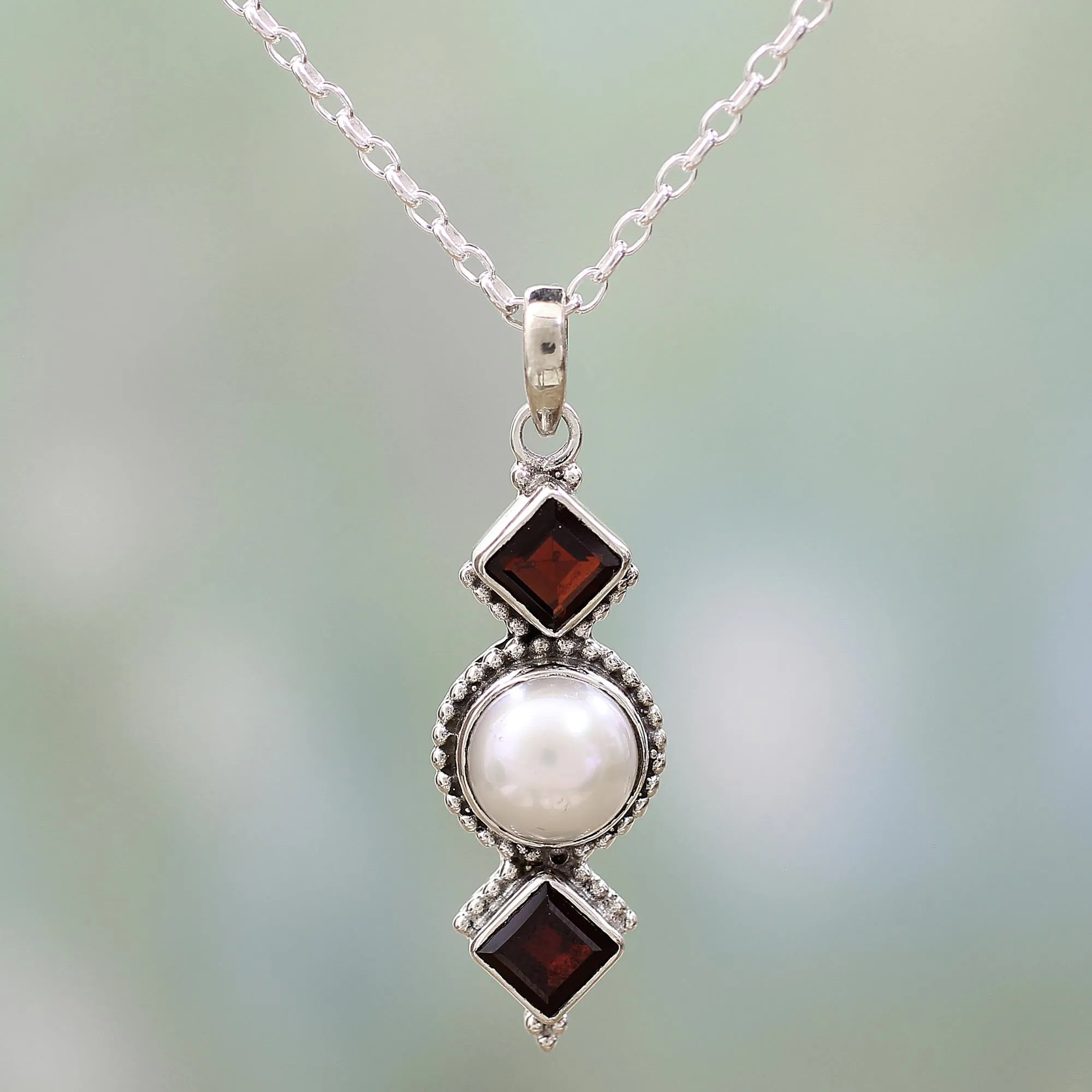 Garnet and Cultured Pearl Pendant Necklace from India - Red Guardians | NOVICA
