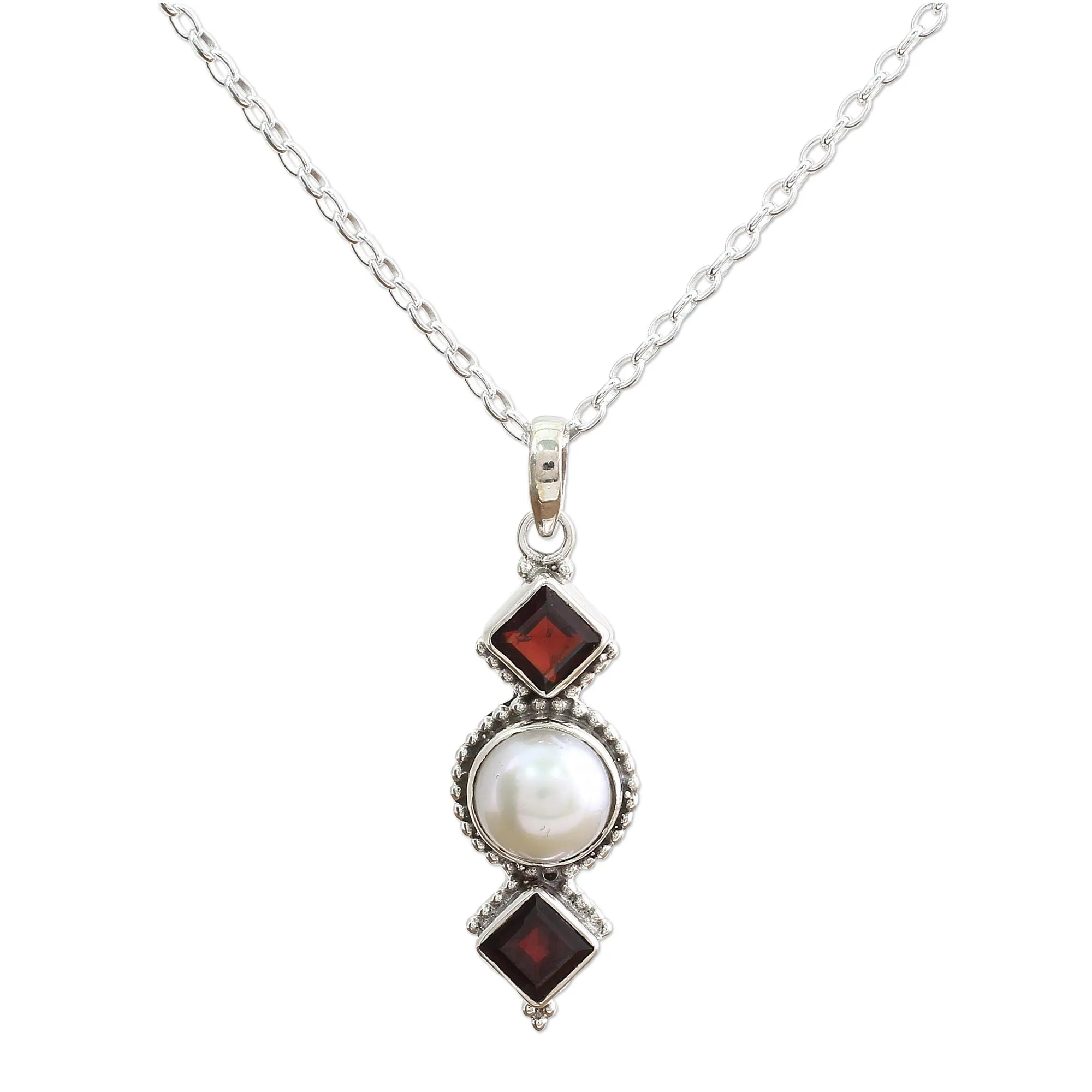 Garnet and Cultured Pearl Pendant Necklace from India - Red Guardians | NOVICA