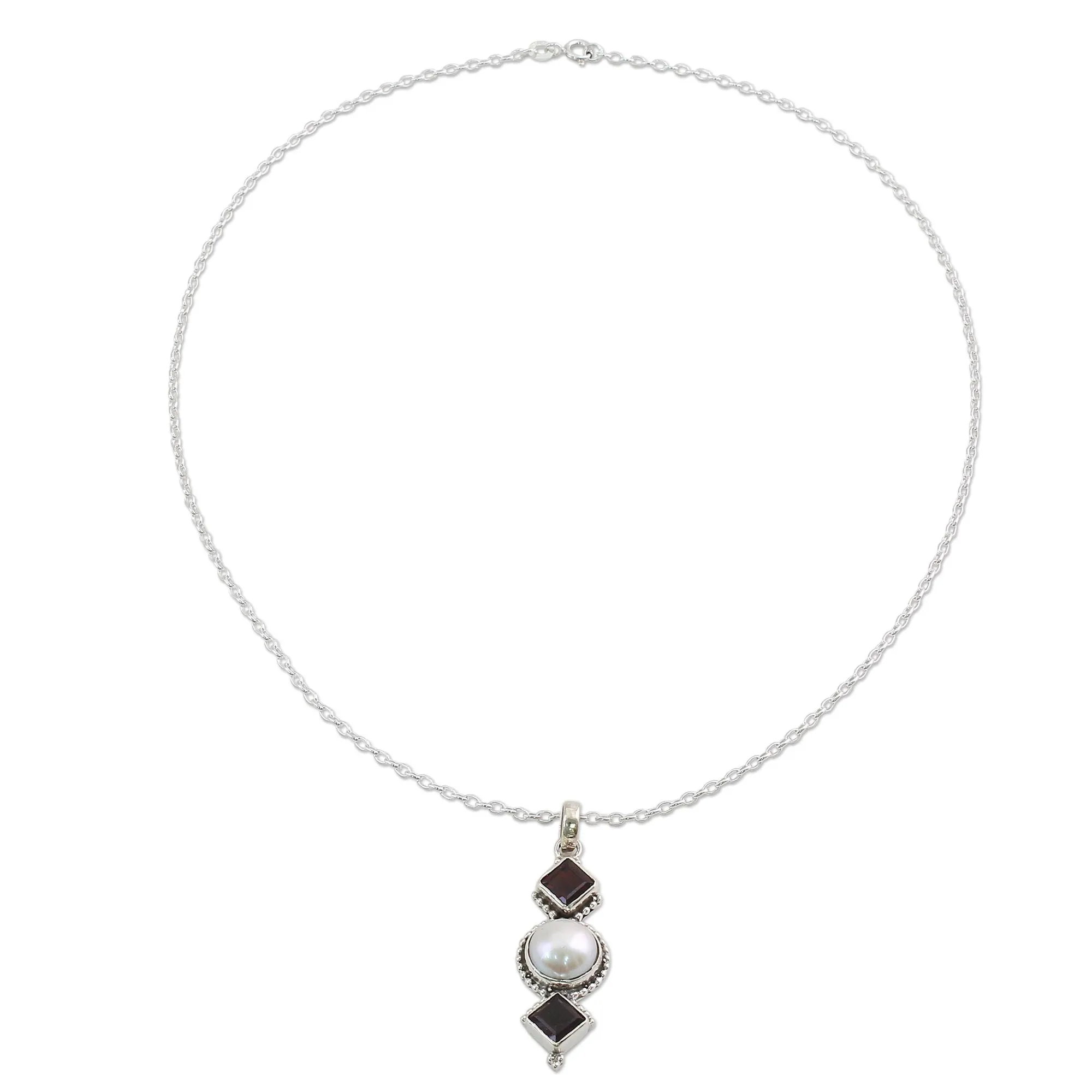 Garnet and Cultured Pearl Pendant Necklace from India - Red Guardians | NOVICA