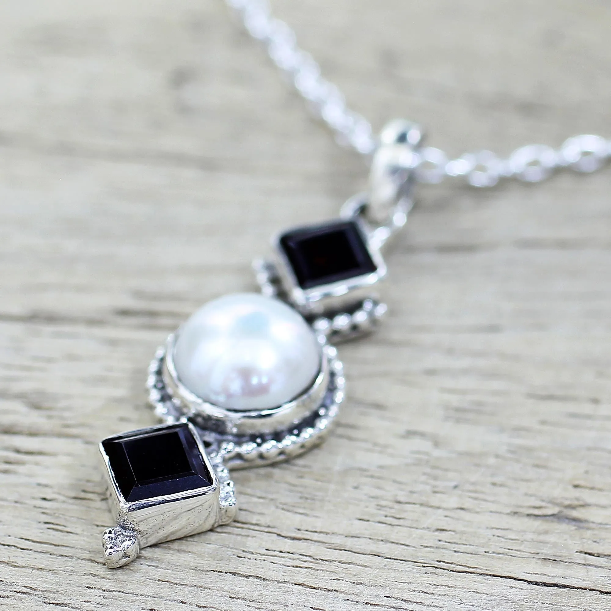 Garnet and Cultured Pearl Pendant Necklace from India - Red Guardians | NOVICA
