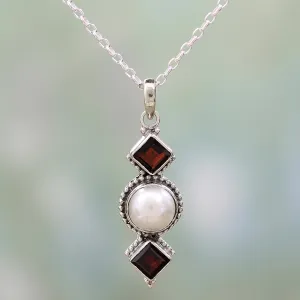 Garnet and Cultured Pearl Pendant Necklace from India - Red Guardians | NOVICA