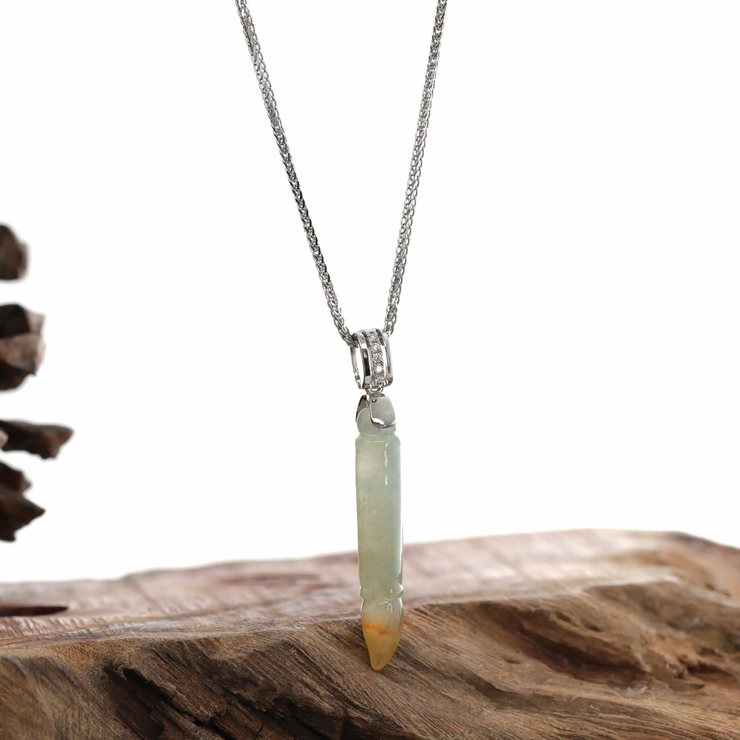 Genuine Burmese Red Ice Jadeite Jade "Magic Brush" Necklace With 14k With Gold Diamond Bail