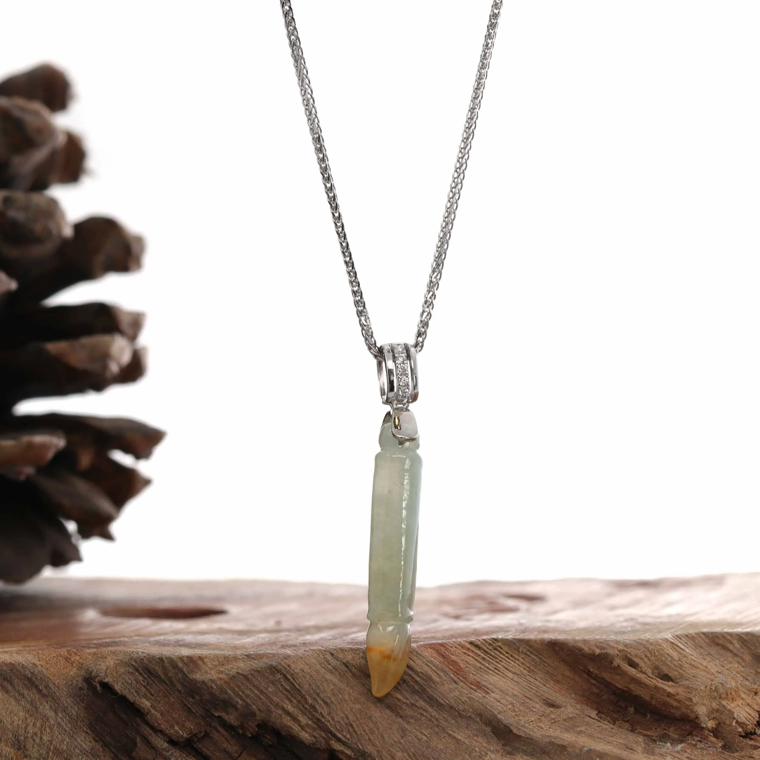 Genuine Burmese Red Ice Jadeite Jade "Magic Brush" Necklace With 14k With Gold Diamond Bail