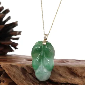 Genuine Green Jadeite Jade Leaf Necklace With VSI Diamond Gold Bail