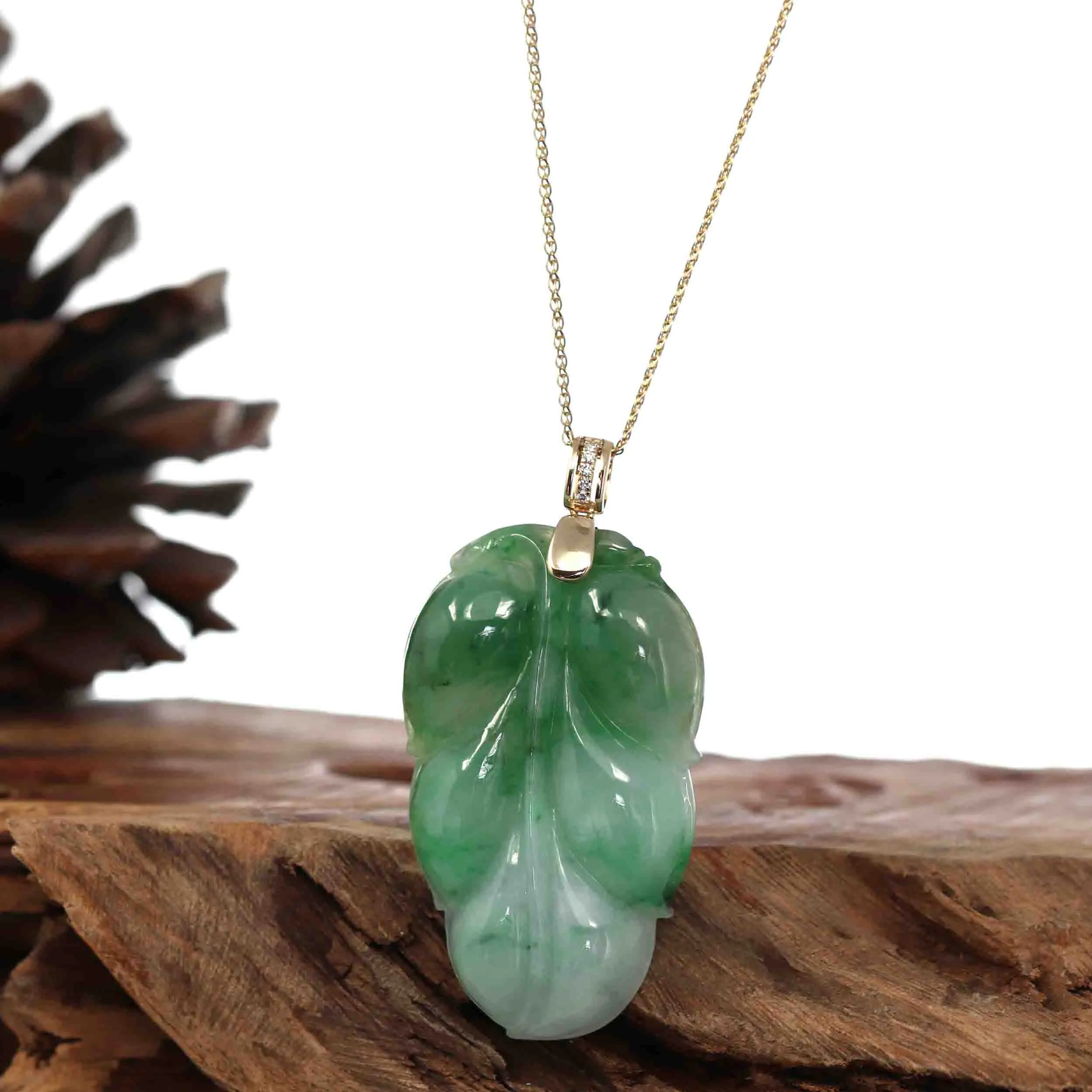 Genuine Green Jadeite Jade Leaf Necklace With VSI Diamond Gold Bail