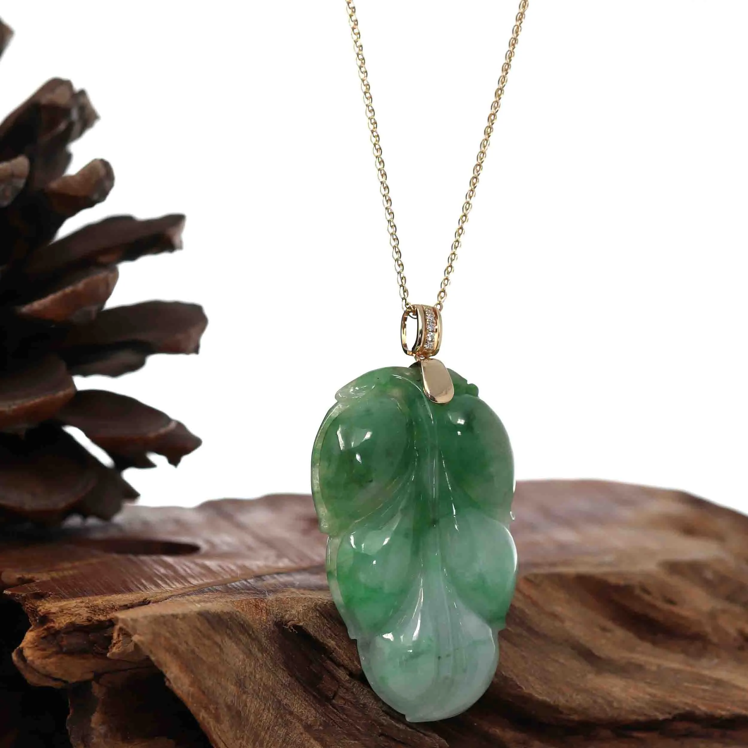 Genuine Green Jadeite Jade Leaf Necklace With VSI Diamond Gold Bail