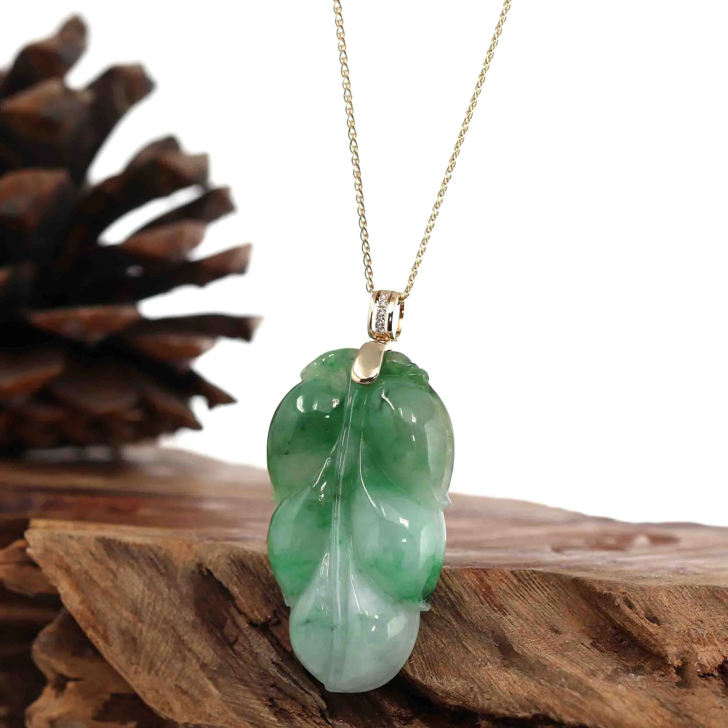 Genuine Green Jadeite Jade Leaf Necklace With VSI Diamond Gold Bail