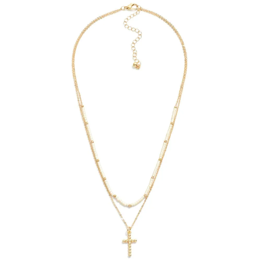 Gold & Ivory Bead Cross Necklace