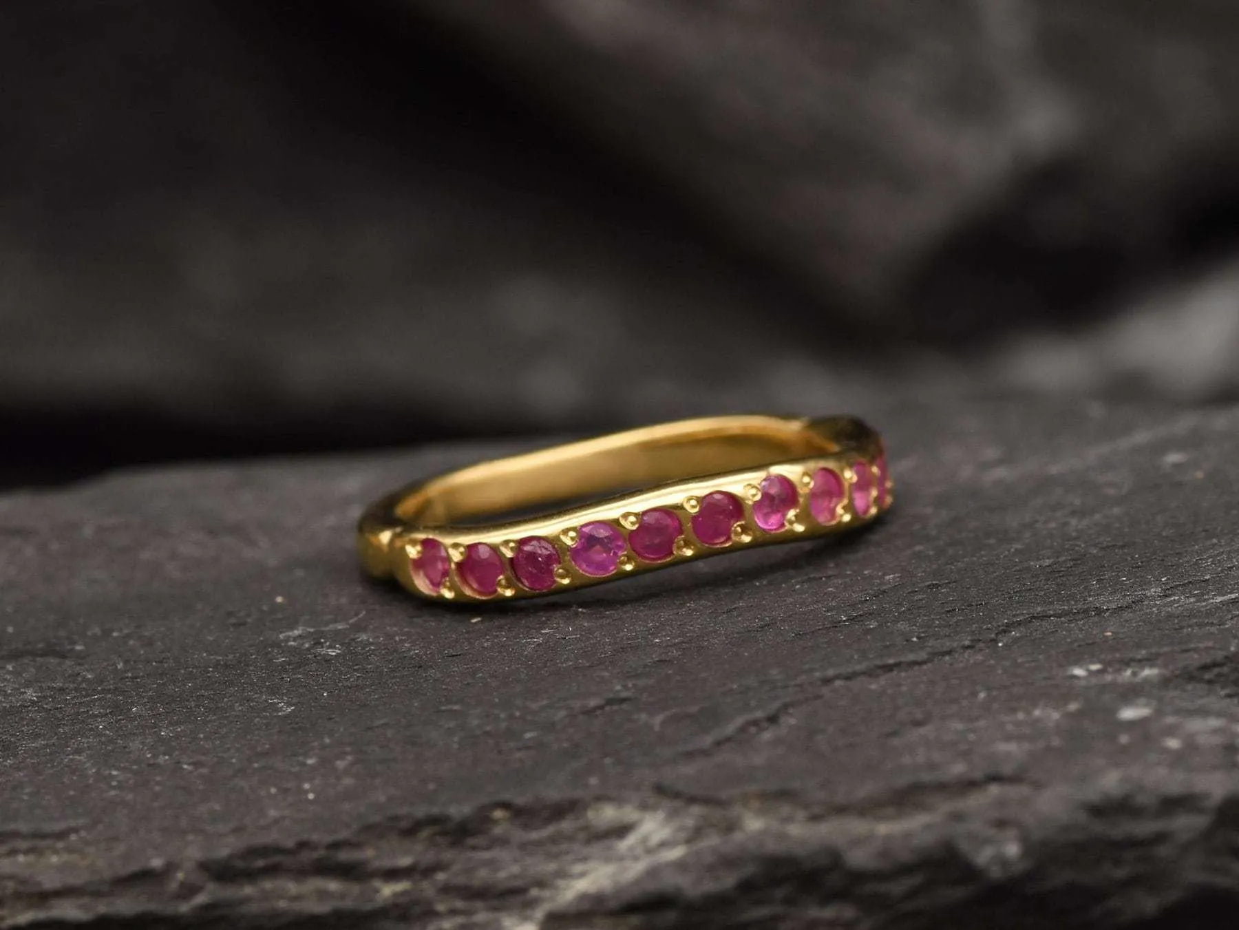 Gold Ruby Ring - Curved Band, Natural Ruby Ring, Minimalist Stackable Band