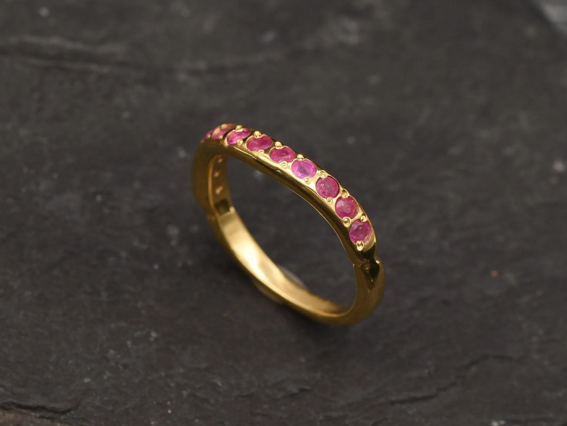 Gold Ruby Ring - Curved Band, Natural Ruby Ring, Minimalist Stackable Band