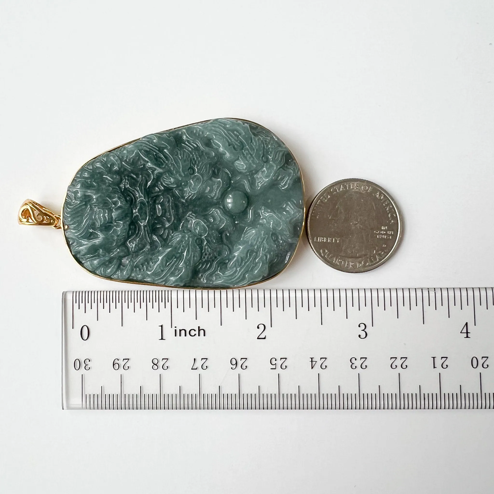 Green 9 Nine Dragon Jadeite Jade with 18K Solid Gold Frame Pendant, Dual Sided Carved Pendant, NVN-0324-1719700165
