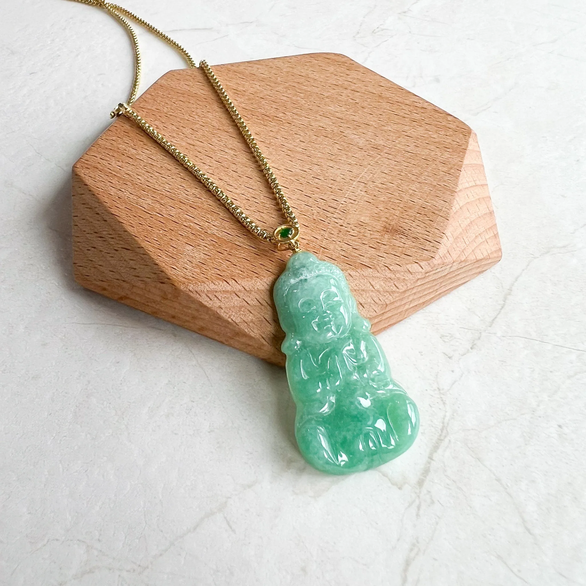 Green Baby Buddha with 18K Gold Bail, Jadeite Jade Carved Pendant, SHWQ-1123-1706502170