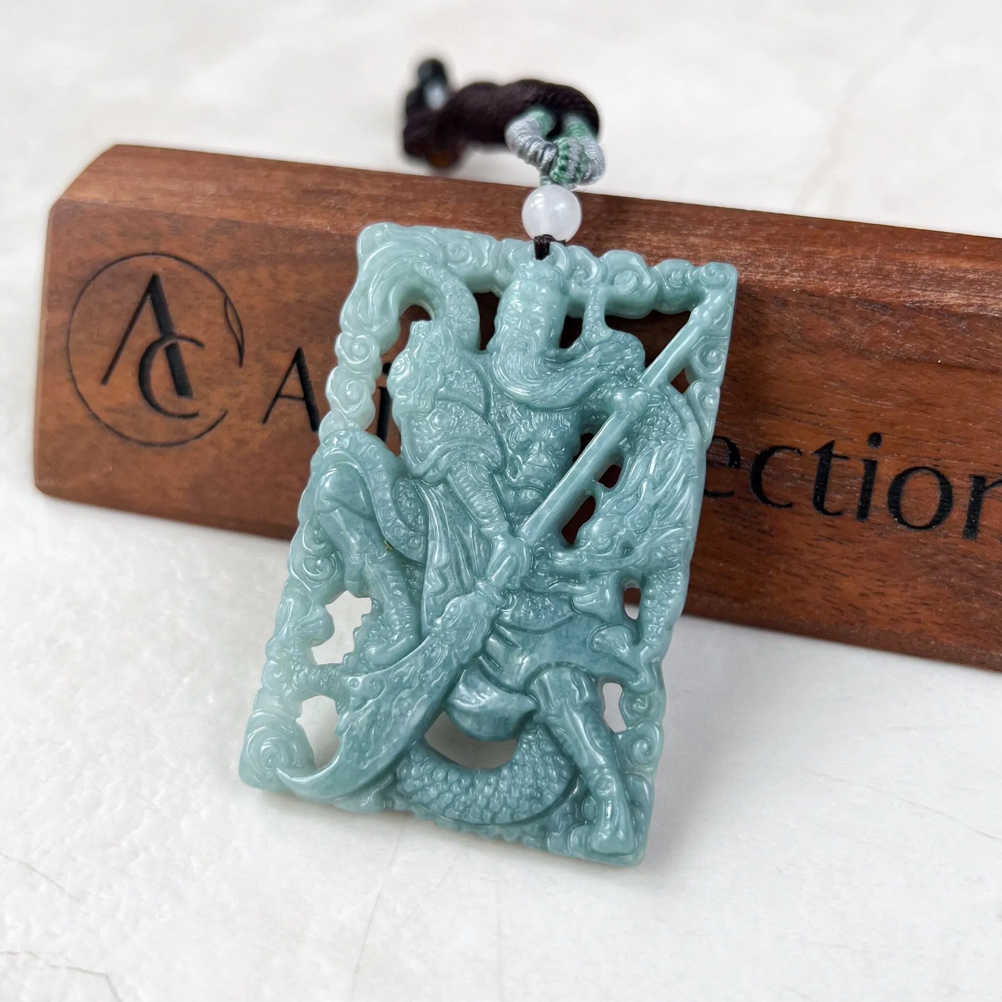 Green Blue Jadeite Jade Guan Yu Guan Gong Carved Pendant Necklace, 关公, BGC-0323-0034983