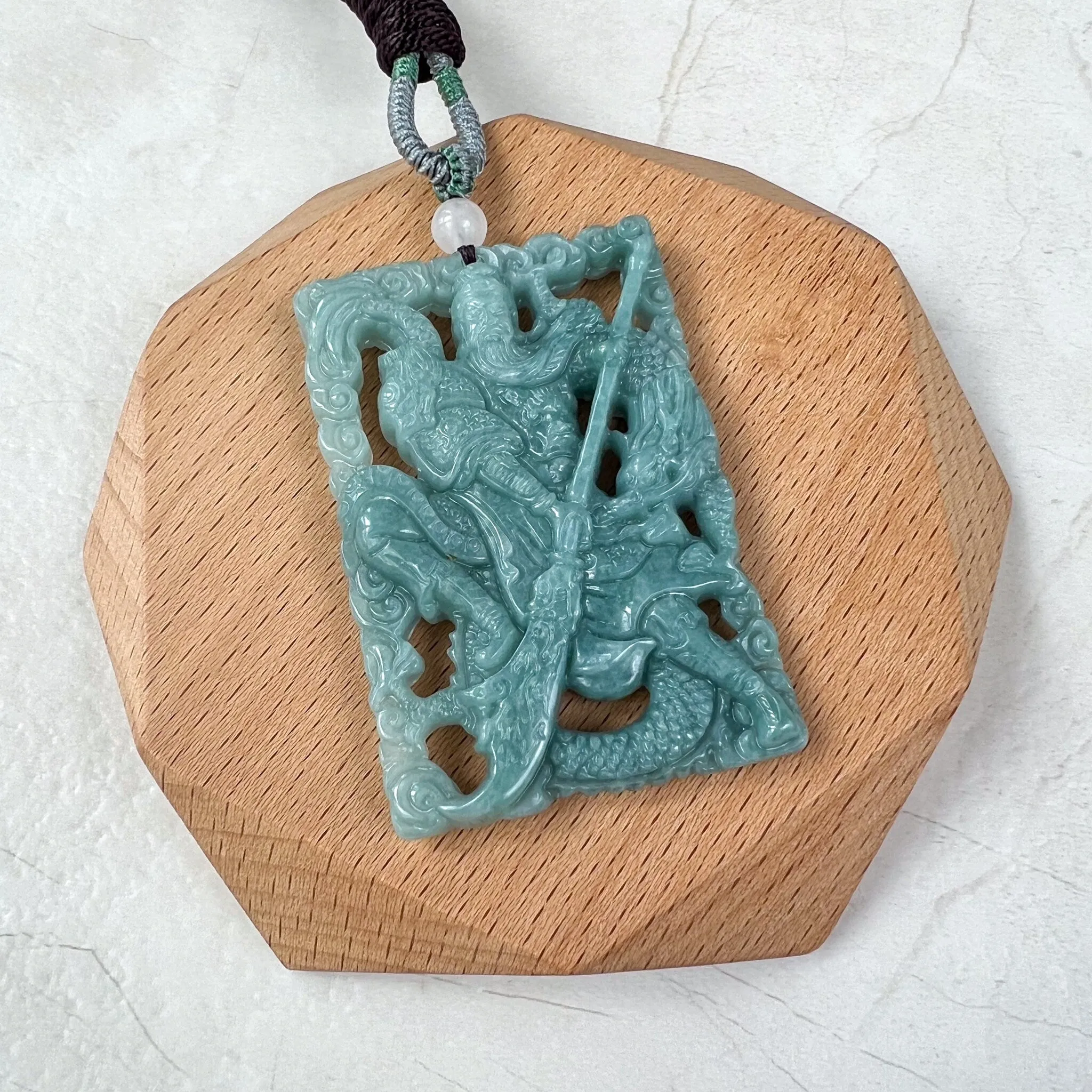 Green Blue Jadeite Jade Guan Yu Guan Gong Carved Pendant Necklace, 关公, BGC-0323-0034983