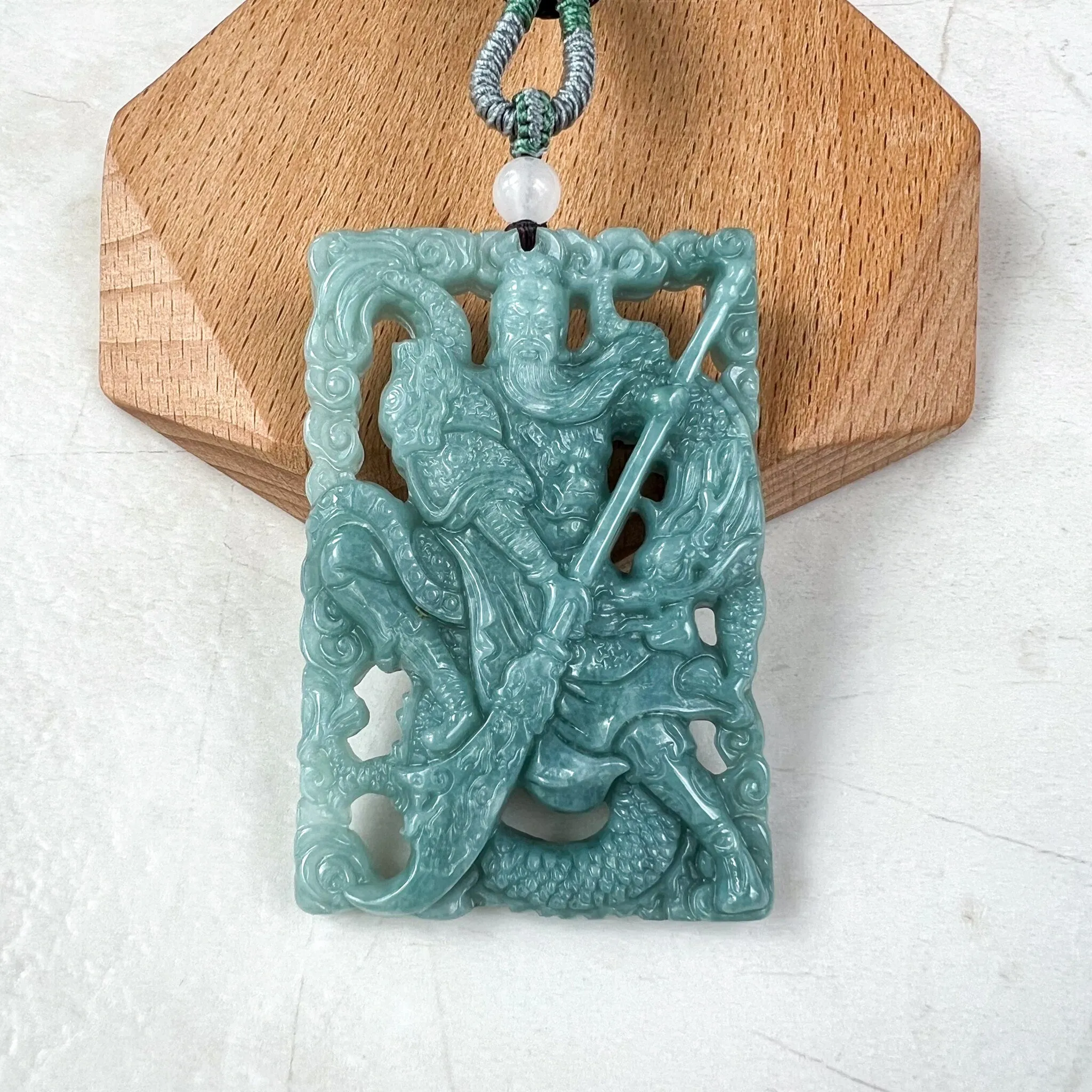 Green Blue Jadeite Jade Guan Yu Guan Gong Carved Pendant Necklace, 关公, BGC-0323-0034983