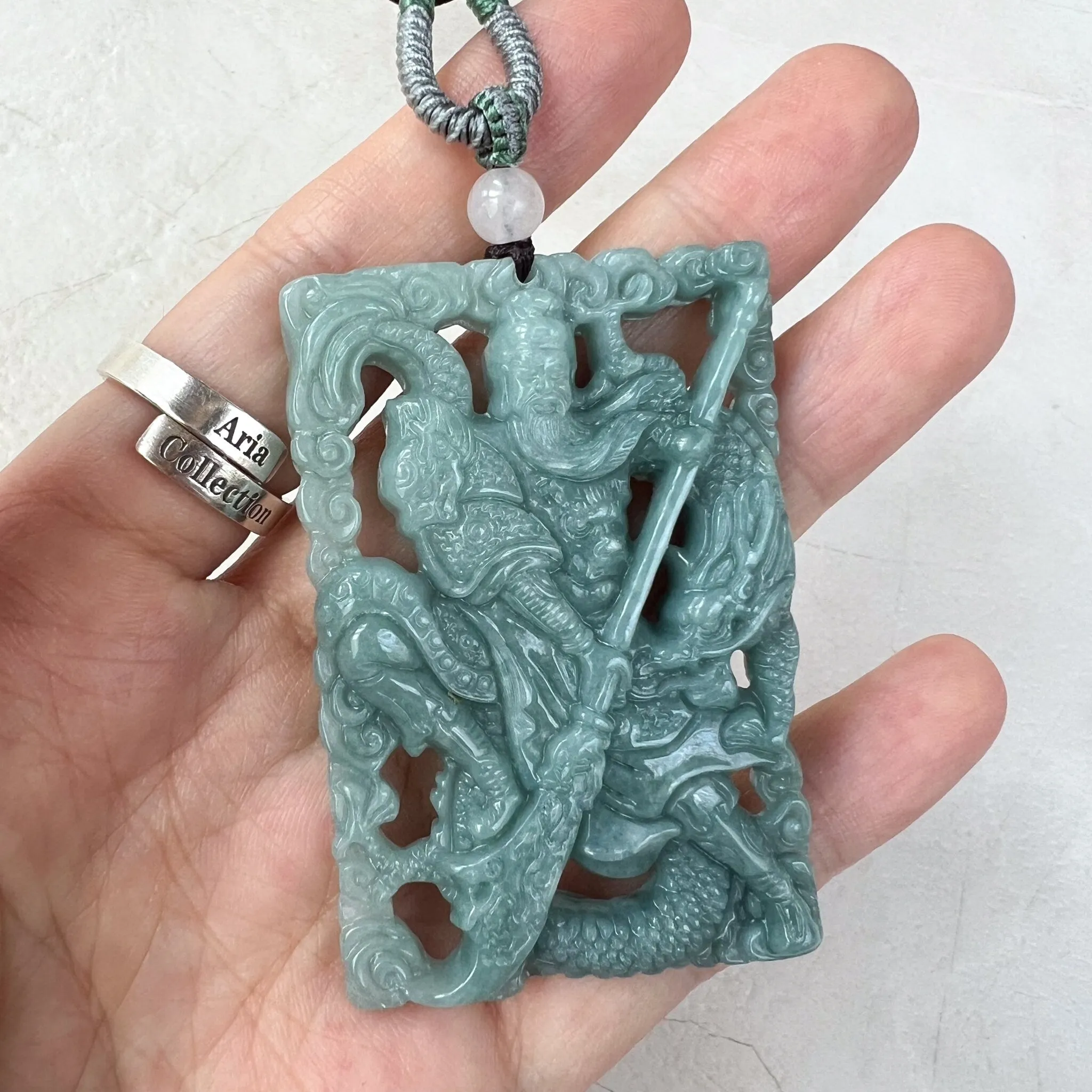 Green Blue Jadeite Jade Guan Yu Guan Gong Carved Pendant Necklace, 关公, BGC-0323-0034983