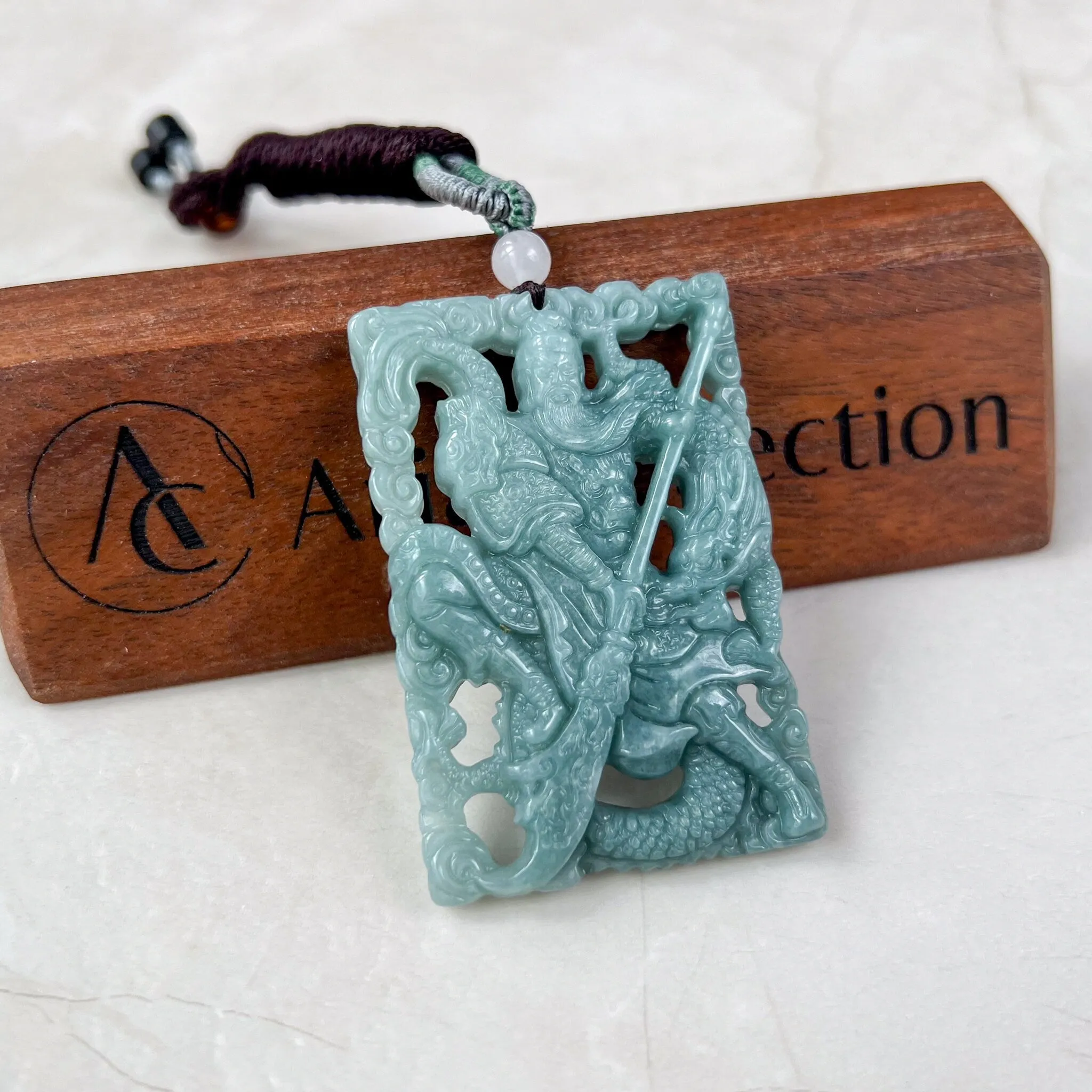 Green Blue Jadeite Jade Guan Yu Guan Gong Carved Pendant Necklace, 关公, BGC-0323-0034983