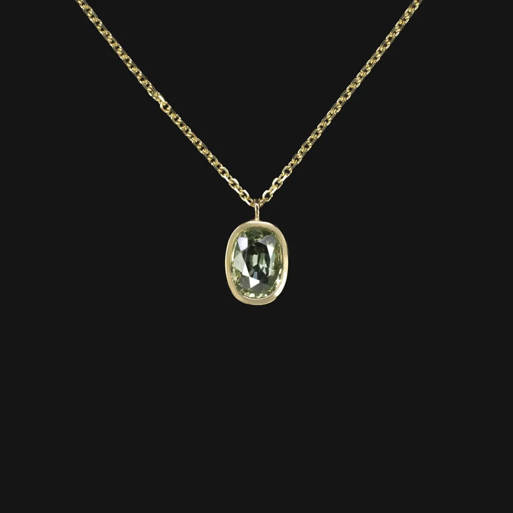 GREEN SAPPHIRE PENDANT NECKLACE LONG CUSHION BEZEL 14K YELLOW GOLD NATURAL 1ct