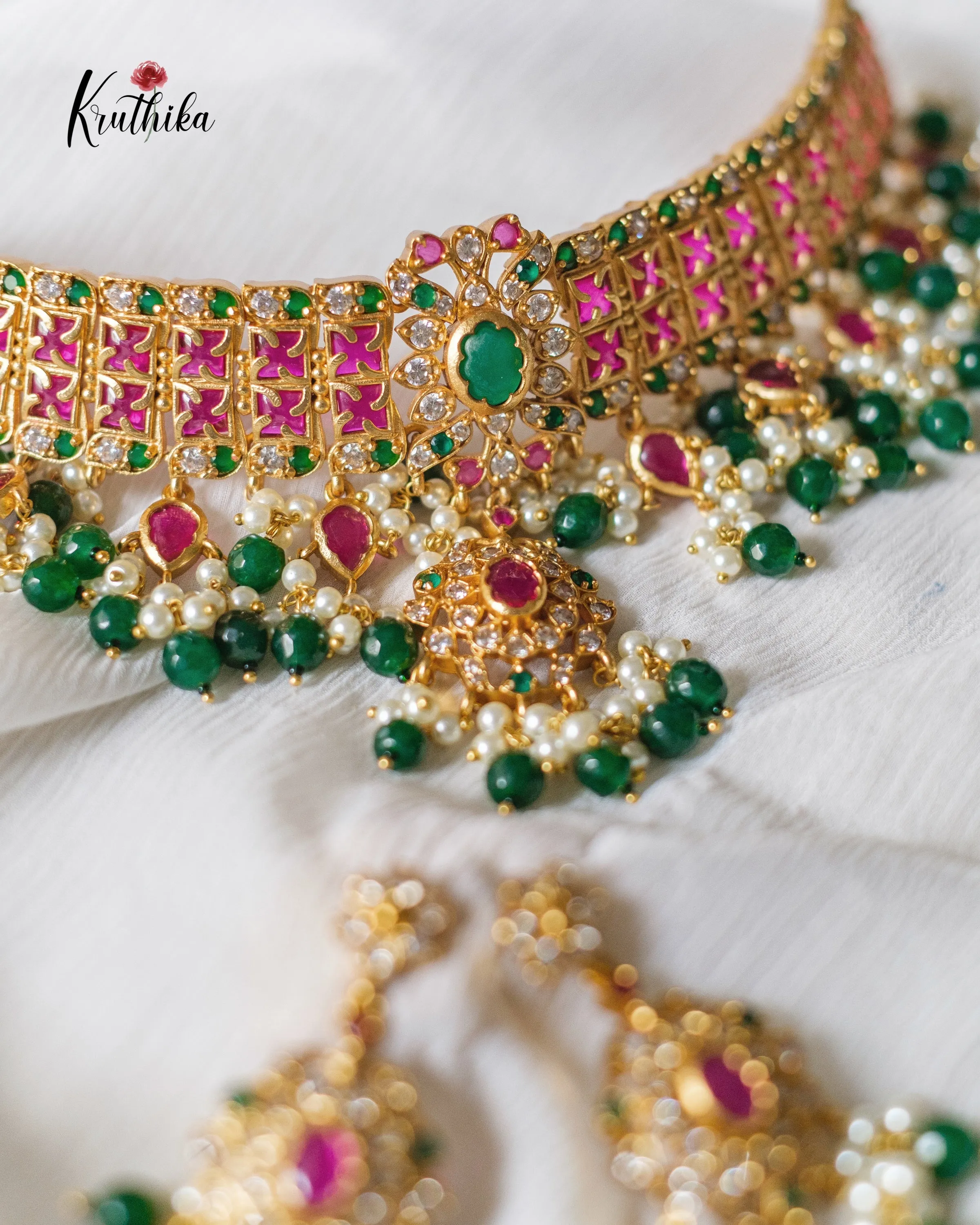 Guttapoosalu choker with green beads NC466