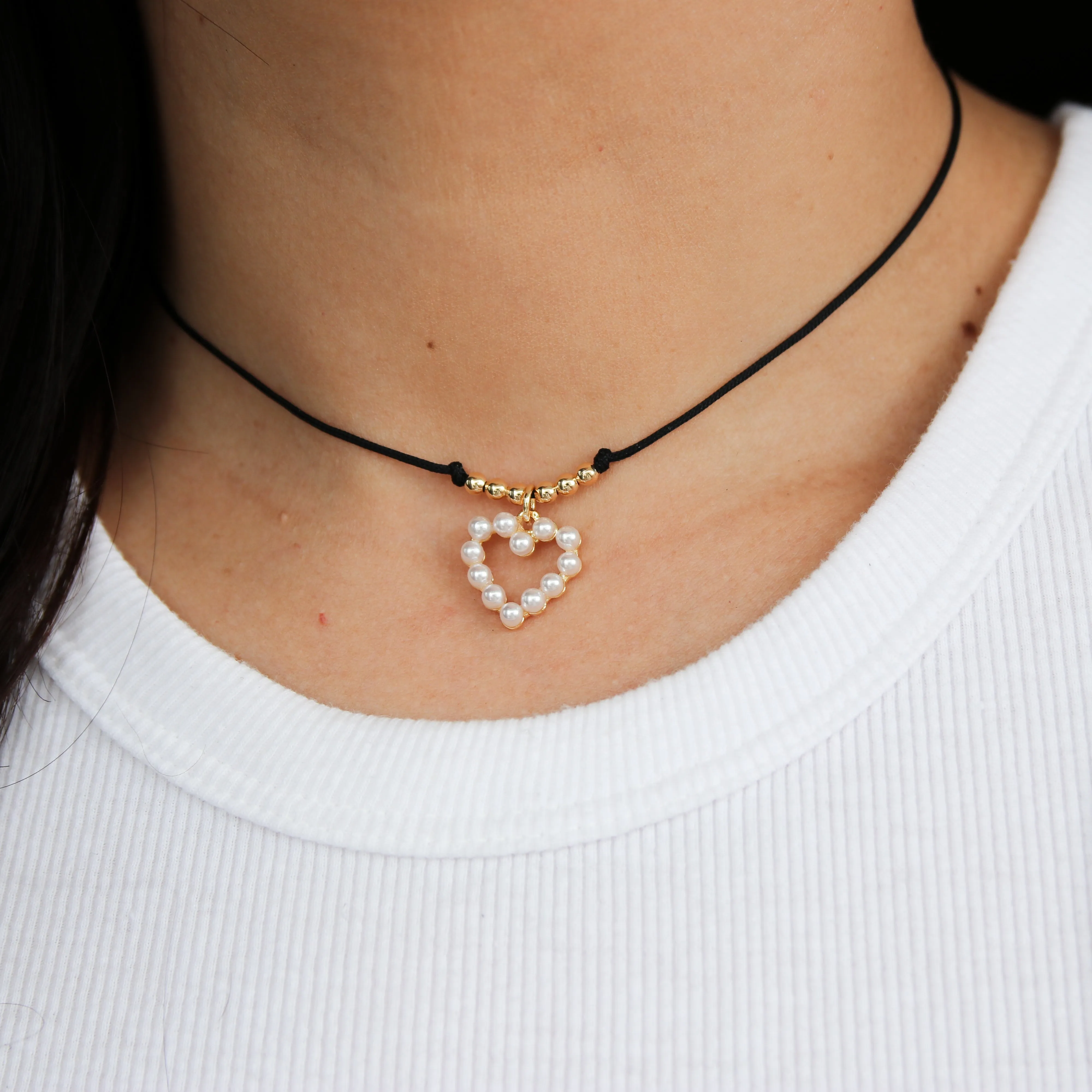 Heart with pearl Cotton Cord Choker