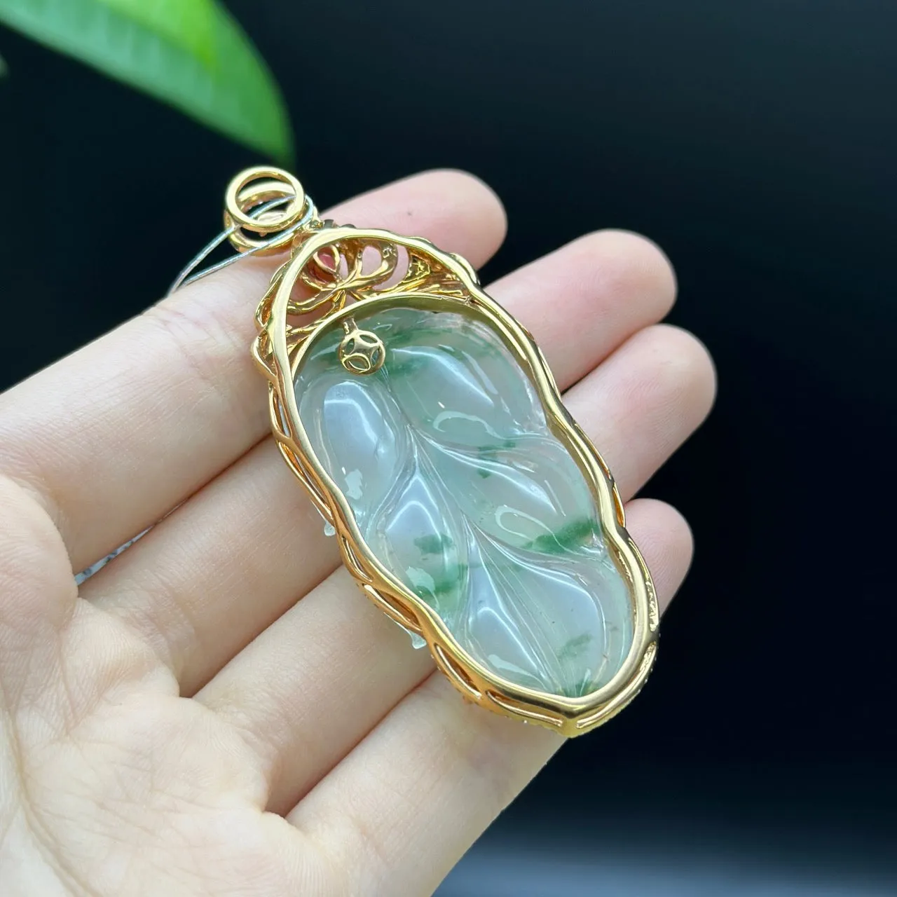 High end genuine Ice Jadeite Jade Jin Zhi Yu Ye (Leaf) Necklace With Rose Gold Diamond Bail