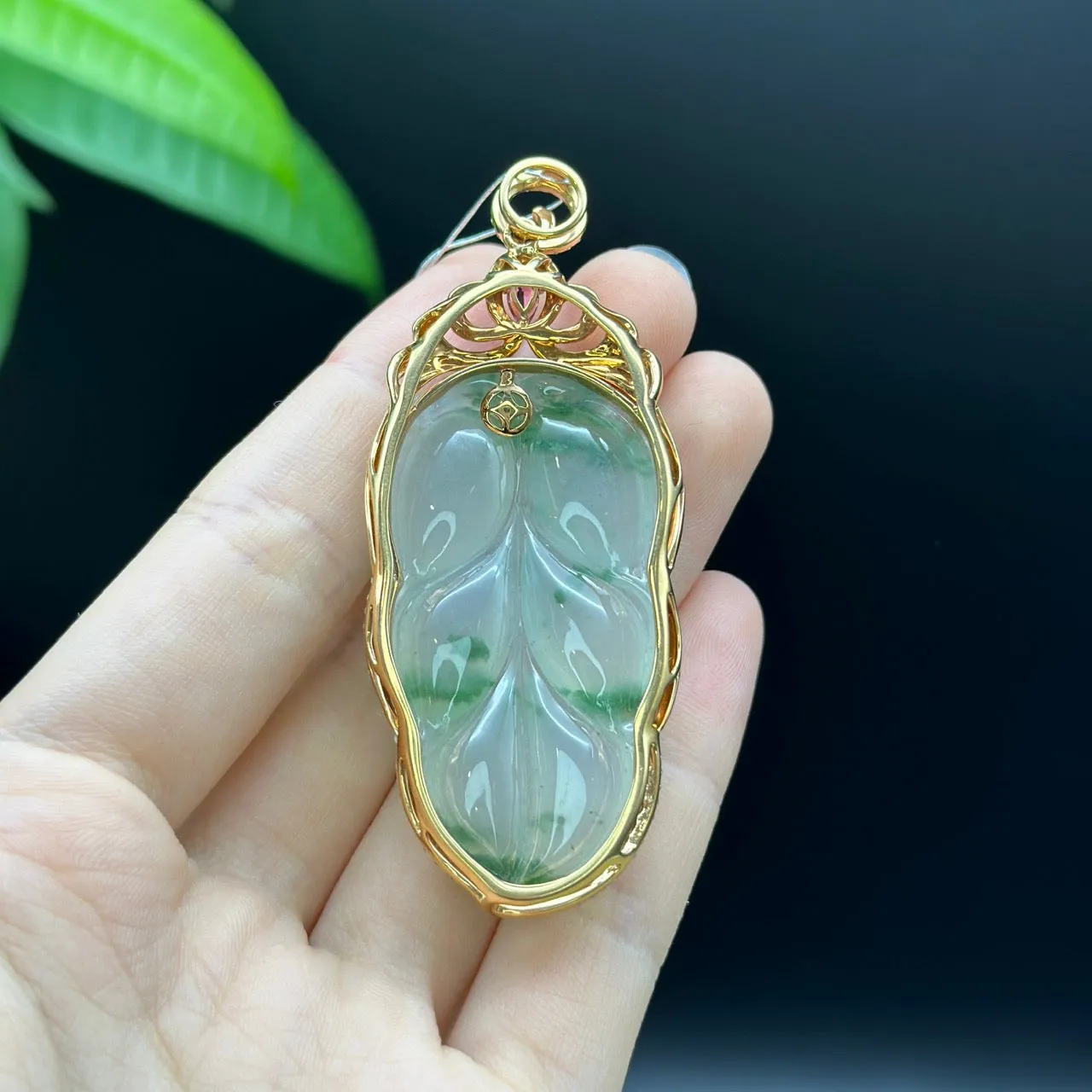 High end genuine Ice Jadeite Jade Jin Zhi Yu Ye (Leaf) Necklace With Rose Gold Diamond Bail
