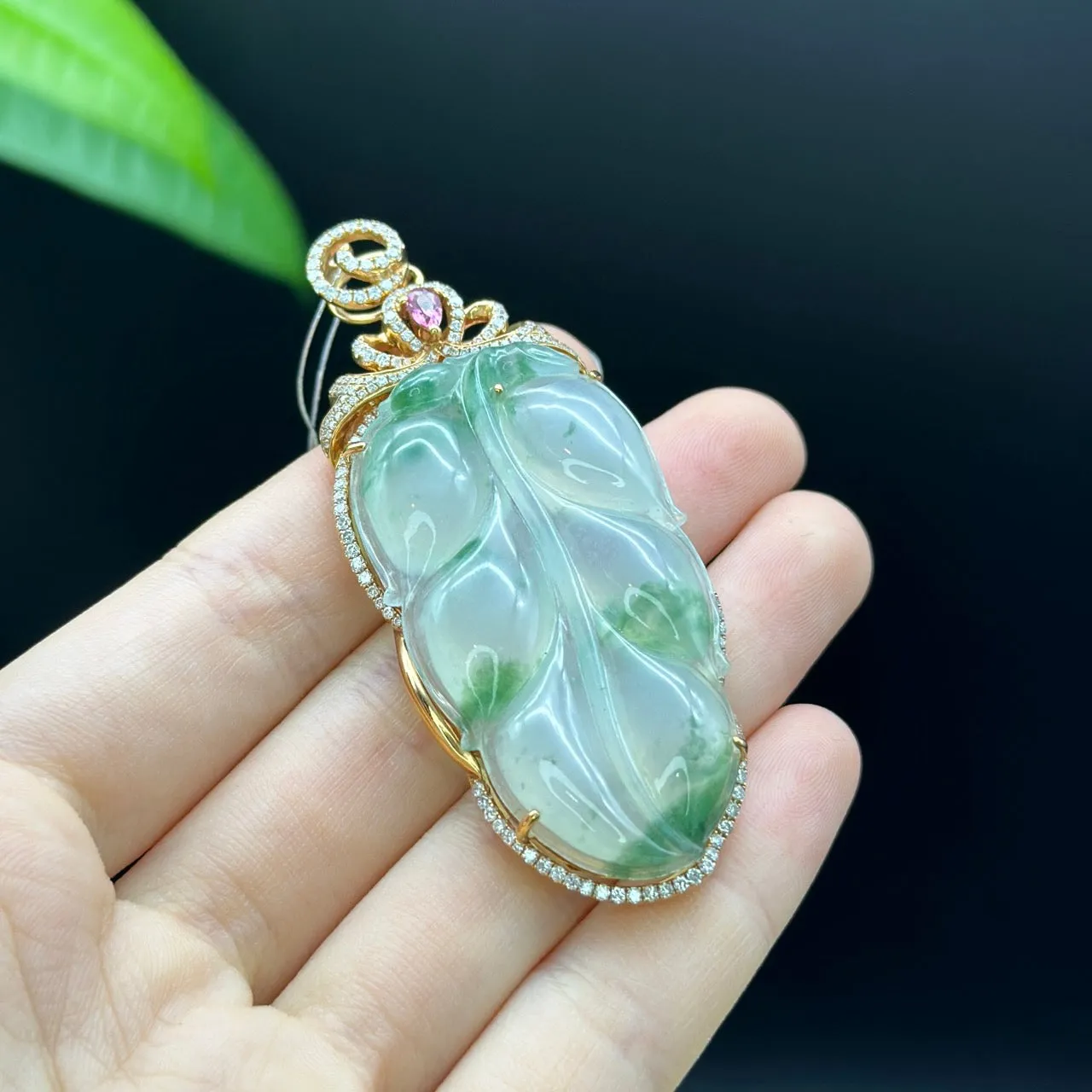 High end genuine Ice Jadeite Jade Jin Zhi Yu Ye (Leaf) Necklace With Rose Gold Diamond Bail