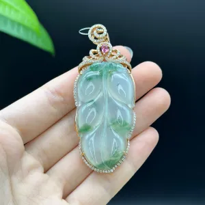 High end genuine Ice Jadeite Jade Jin Zhi Yu Ye (Leaf) Necklace With Rose Gold Diamond Bail