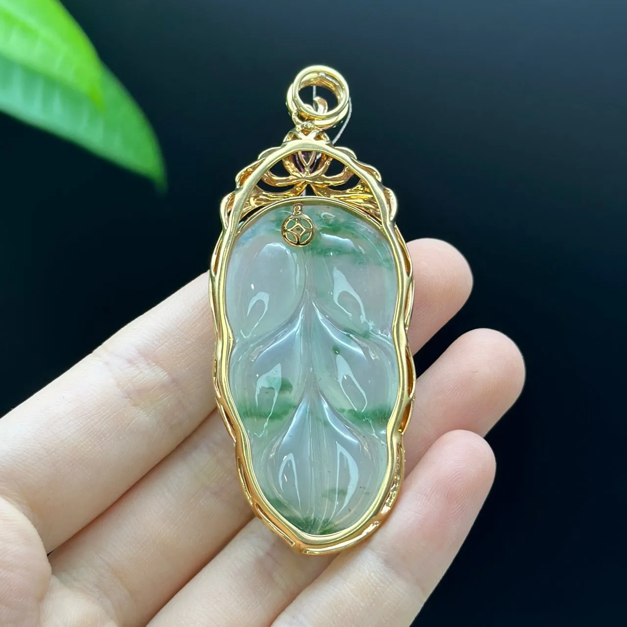 High end genuine Ice Jadeite Jade Jin Zhi Yu Ye (Leaf) Necklace With Rose Gold Diamond Bail