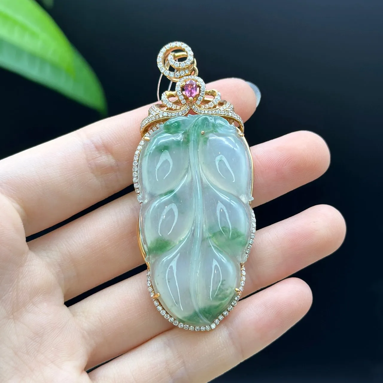 High end genuine Ice Jadeite Jade Jin Zhi Yu Ye (Leaf) Necklace With Rose Gold Diamond Bail
