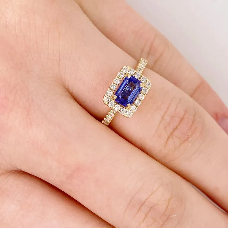 Horizontal Tanzanite Diamond Halo Ring