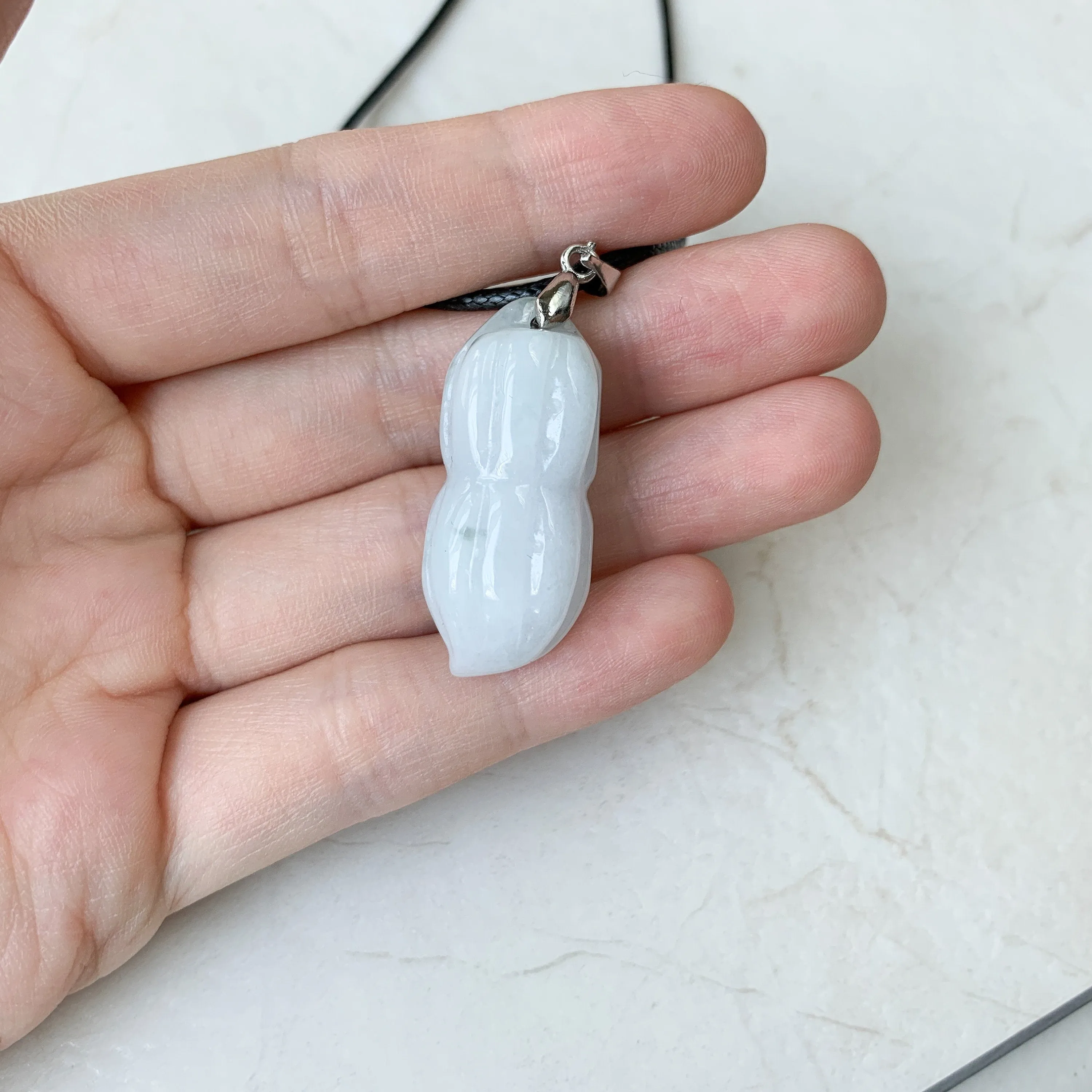 Jadeite Jade Peanut Carved Black Faux Leather Minimalist Necklace, YJ-0321-0468516