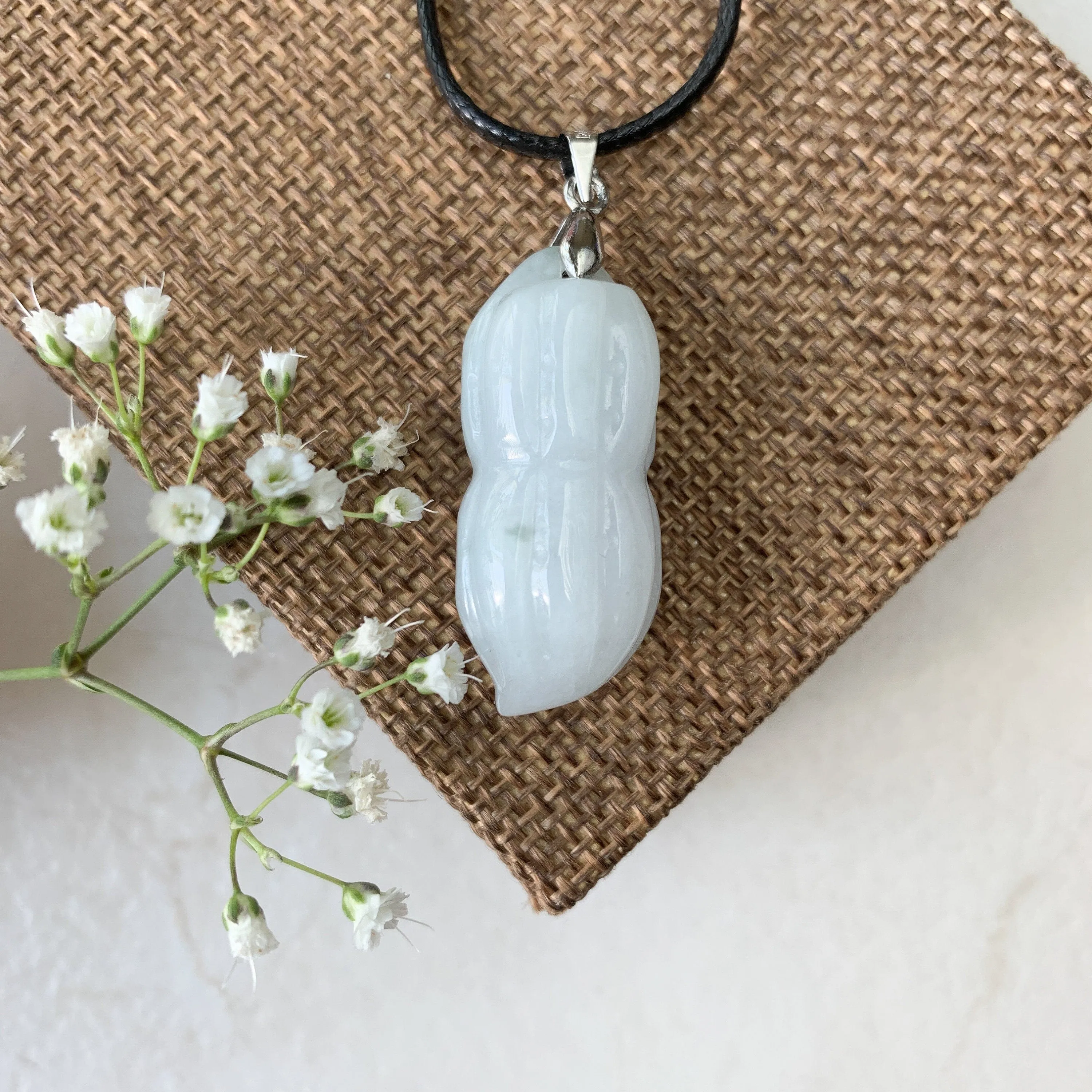 Jadeite Jade Peanut Carved Black Faux Leather Minimalist Necklace, YJ-0321-0468516