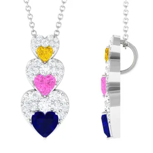 Lab Created Multi Sapphire Heart Dangle Pendant with Moissanite