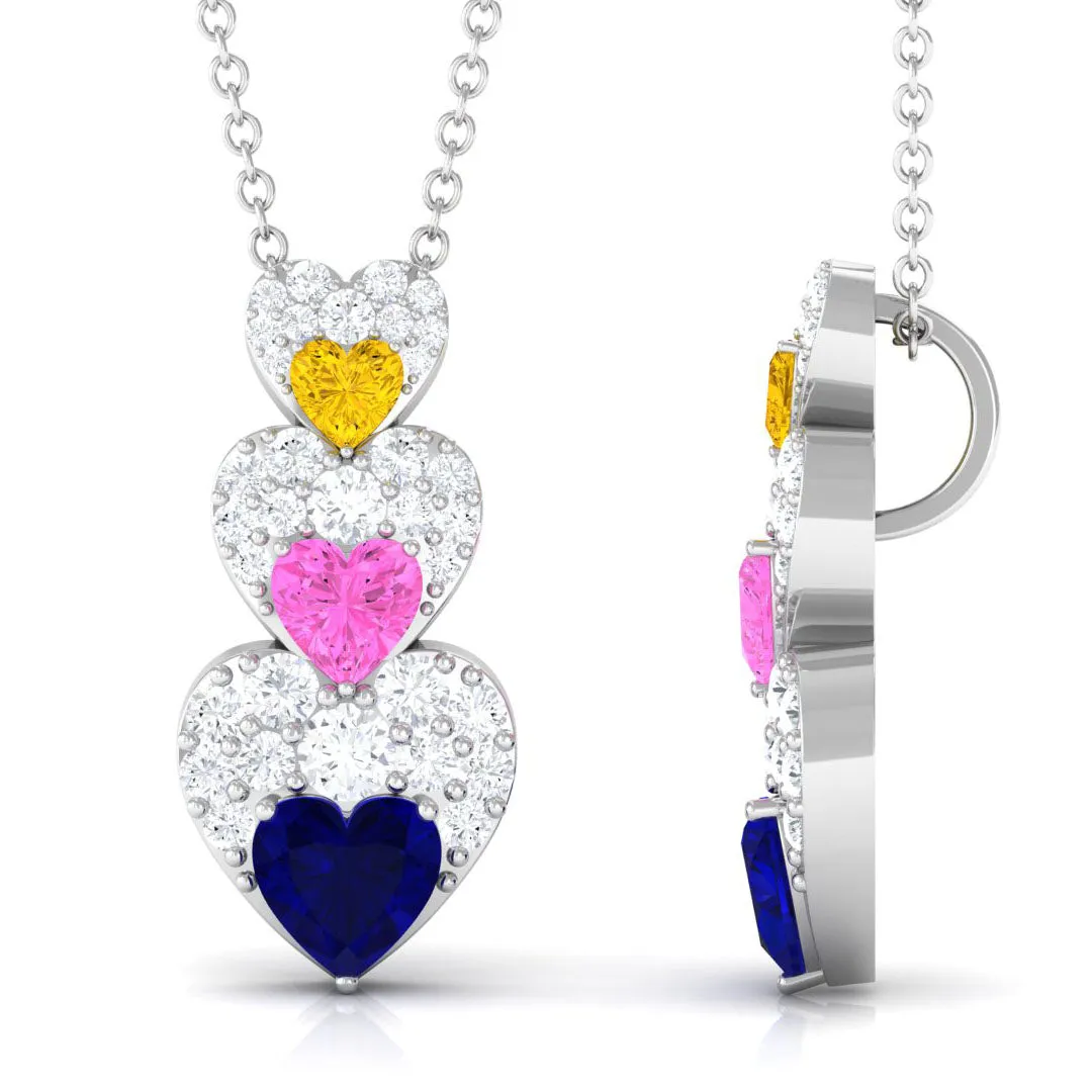 Lab Created Multi Sapphire Heart Dangle Pendant with Moissanite