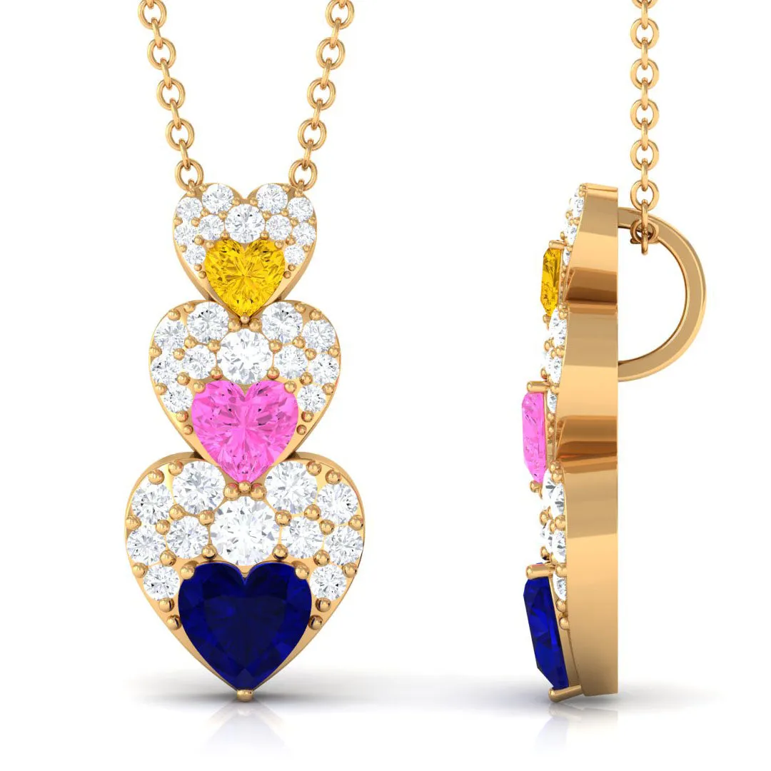 Lab Created Multi Sapphire Heart Dangle Pendant with Moissanite