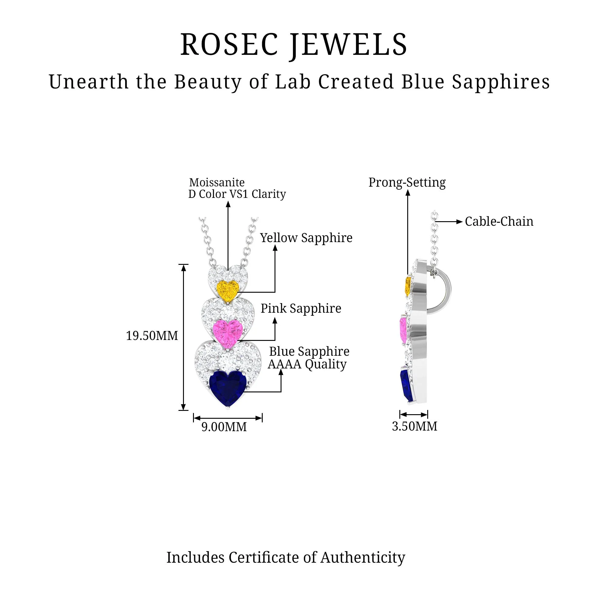 Lab Created Multi Sapphire Heart Dangle Pendant with Moissanite
