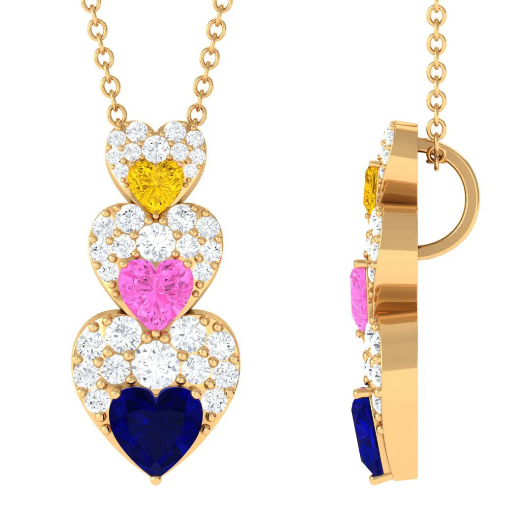 Lab Created Multi Sapphire Heart Dangle Pendant with Moissanite
