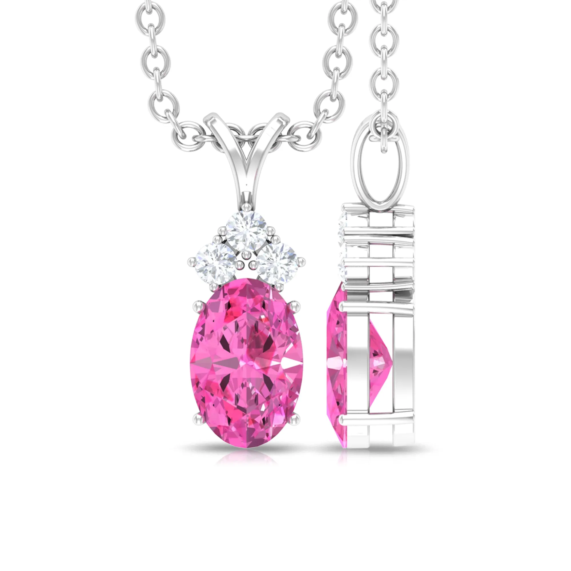 Minimal Oval Pink Sapphire Pendant with Diamond Stones