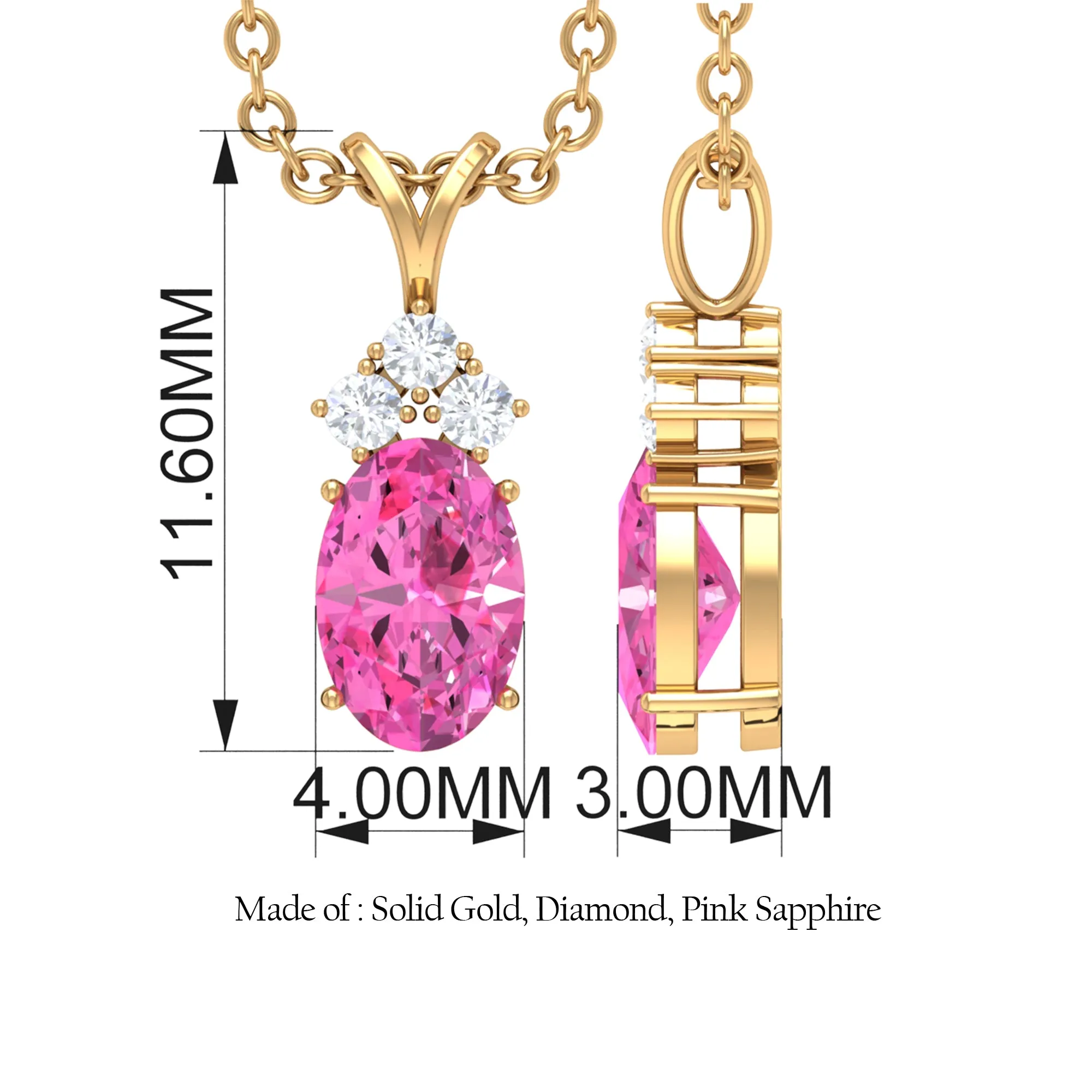 Minimal Oval Pink Sapphire Pendant with Diamond Stones