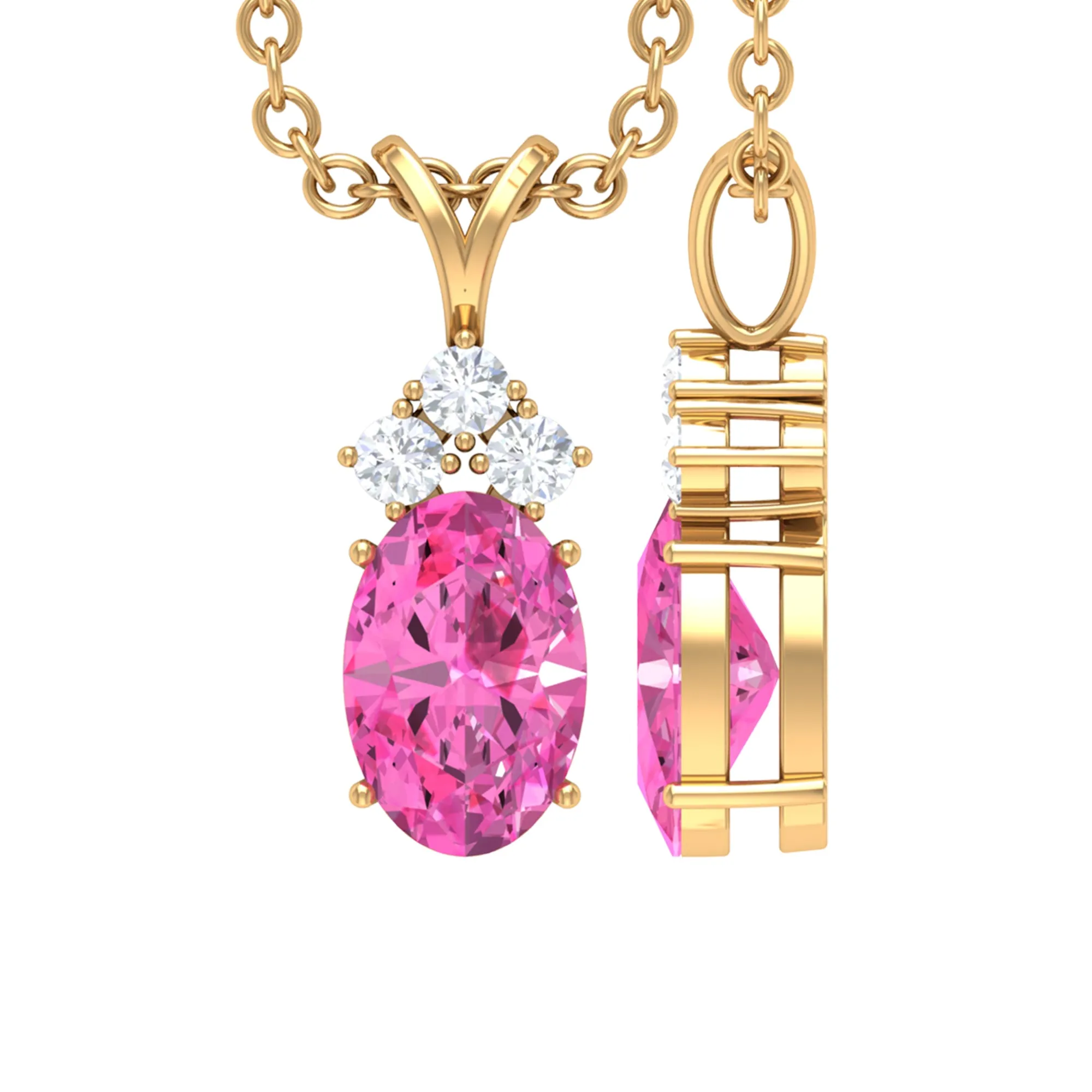Minimal Oval Pink Sapphire Pendant with Diamond Stones