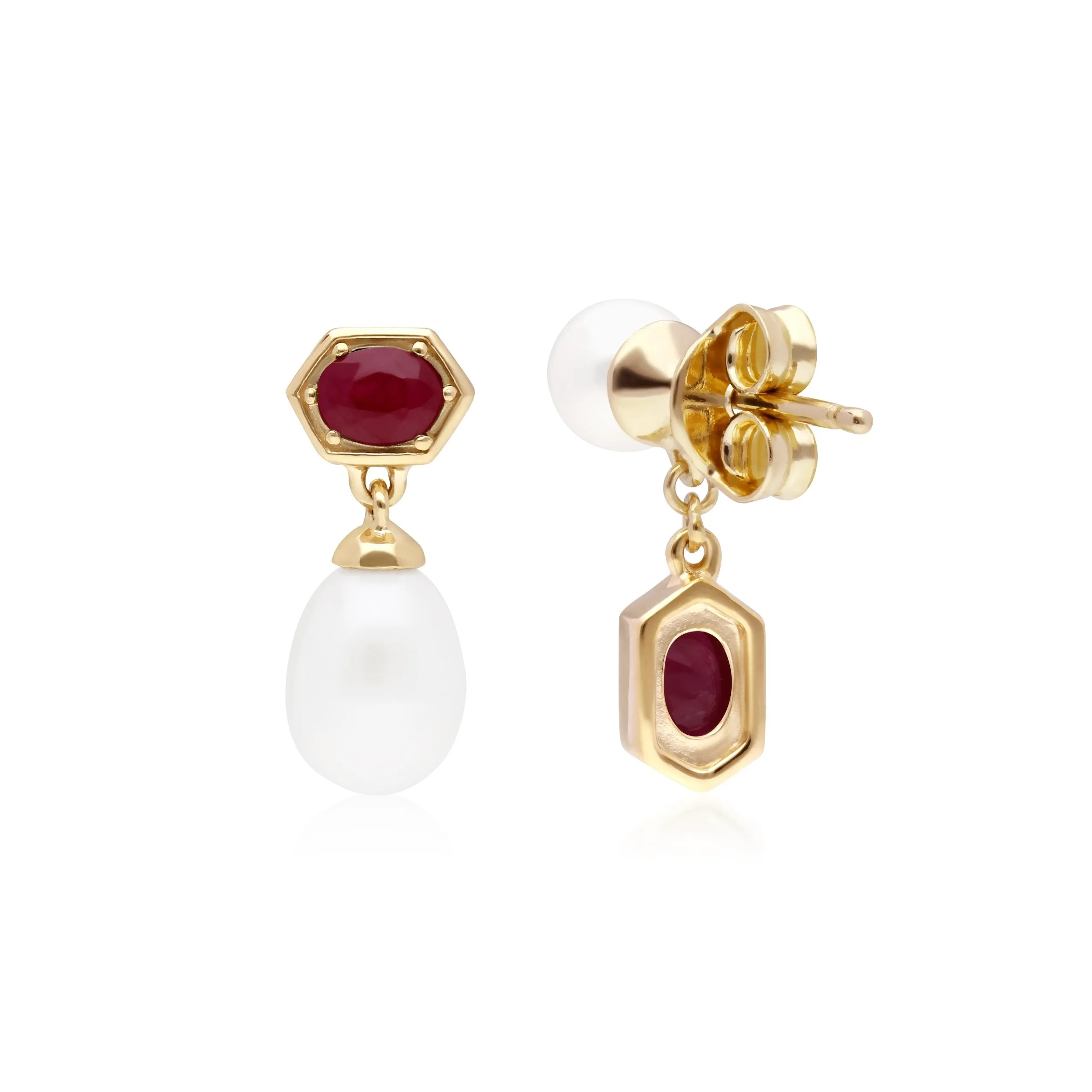 Moderne Perle & Rubin Asymmetrische Tropfen Ohrringe