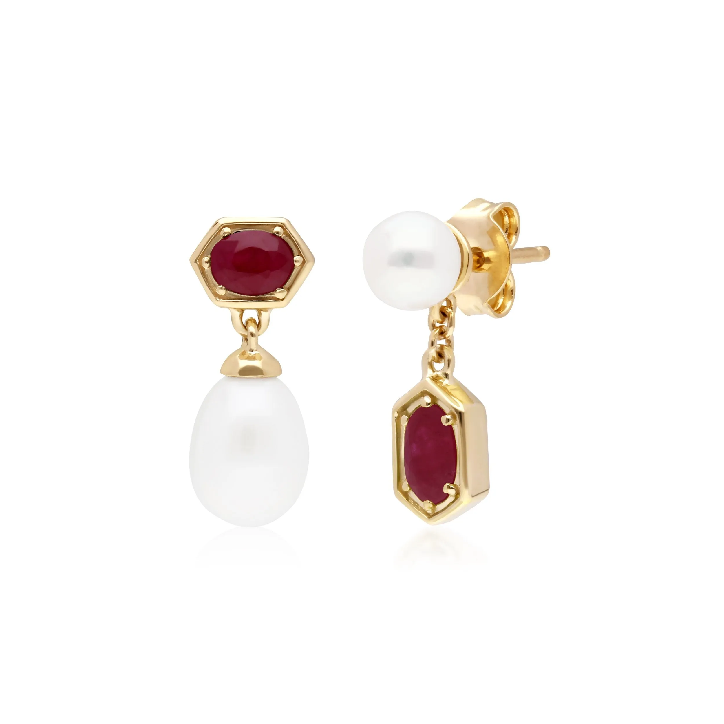 Moderne Perle & Rubin Asymmetrische Tropfen Ohrringe