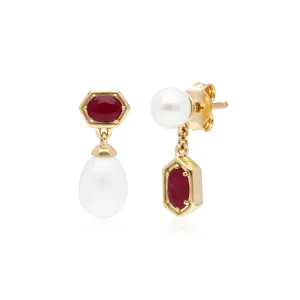 Moderne Perle & Rubin Asymmetrische Tropfen Ohrringe