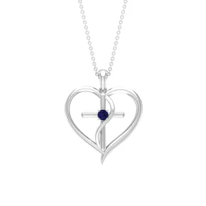 Natural Blue Sapphire Heart Cross Necklace for Women