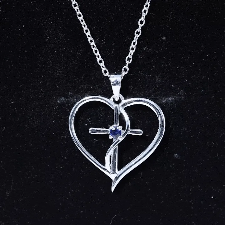 Natural Blue Sapphire Heart Cross Necklace for Women